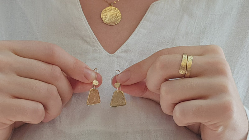 Small Geometric Triangle Gold Drop Earrings Hammered Gold Plated