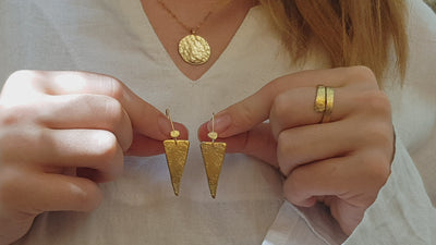 Long Hammered Gold Triangle Drop Earrings Gold Plated