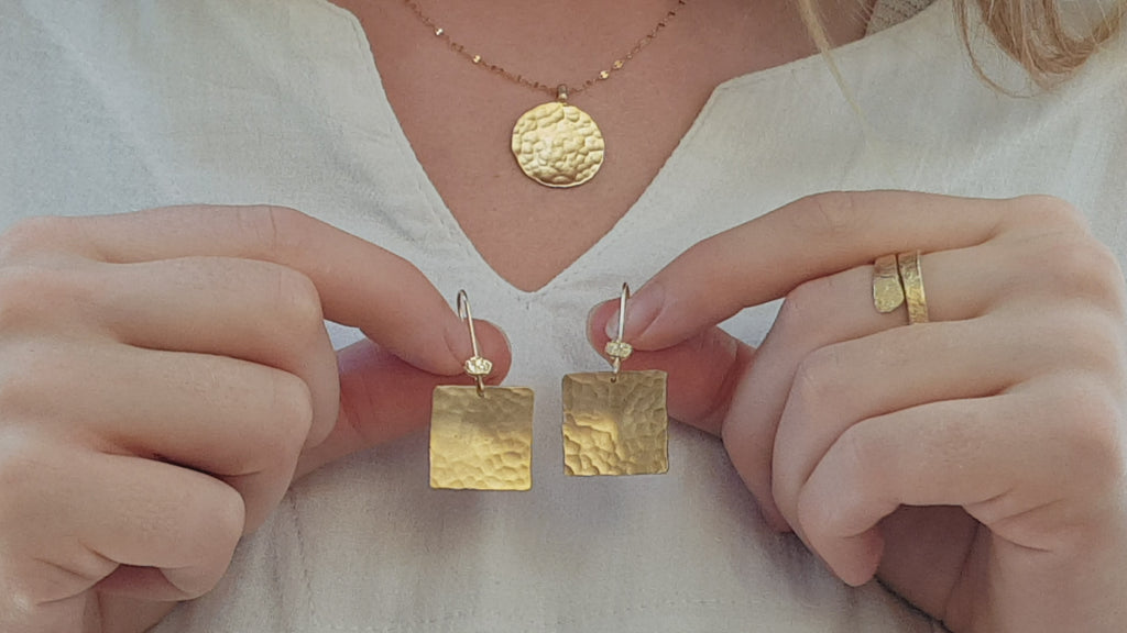 Large 14k Solid Gold Hammered Square Drop Earrings-ZadokGold