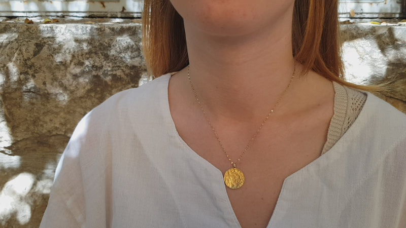 Small Hammered Gold Circle Disc Pendant Gold Plated Necklace