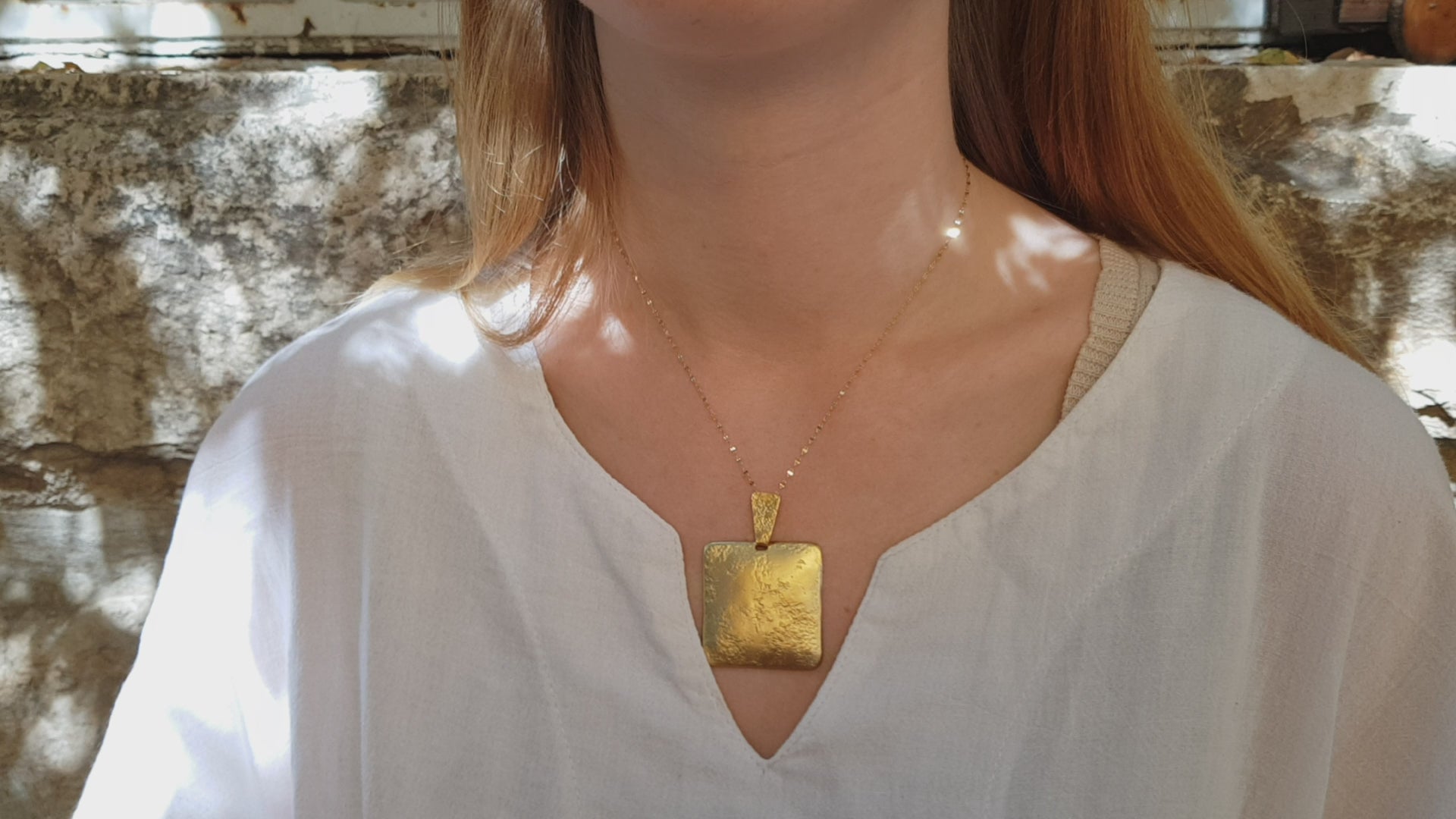 14k Gold large Square Pendant Necklace - Textured Hammered Gold Necklace-ZadokGold