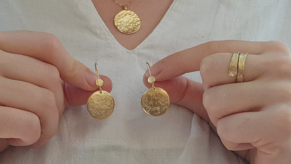 22k Solid Yellow Textured Gold Circle Coin Earrings-ZadokGold