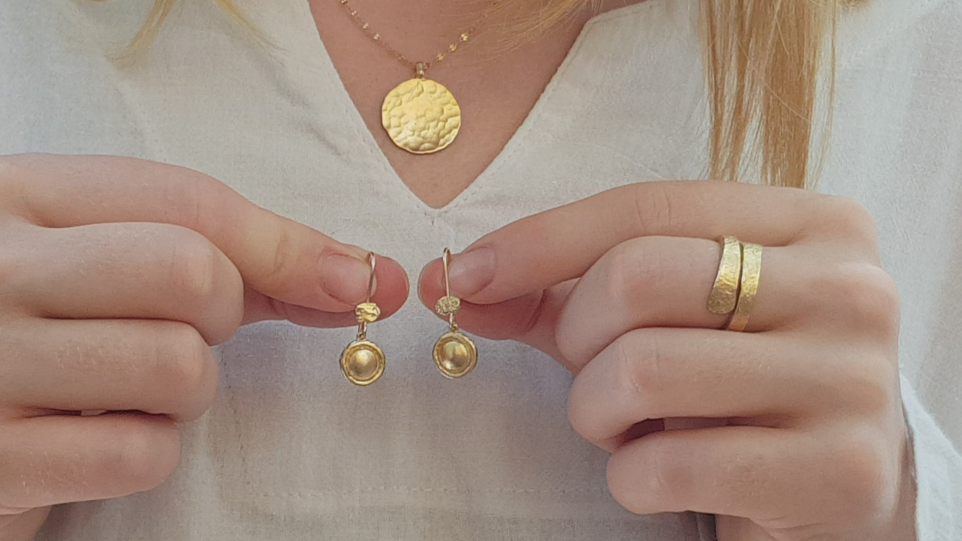 Round Button Coin Circle Dangle Earrings Gold Plated-ZadokGold