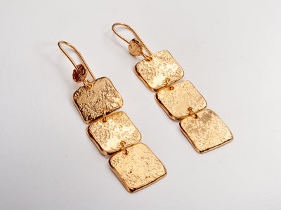 Long Rectangle Hammered Gold Plated Drop Earrings-ZadokGold