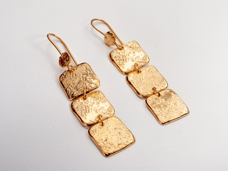 Long Rectangle Hammered Gold Plated Drop Earrings-ZadokGold