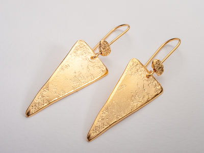 Long Hammered Gold Triangle Drop Earrings Gold Plated-ZadokGold