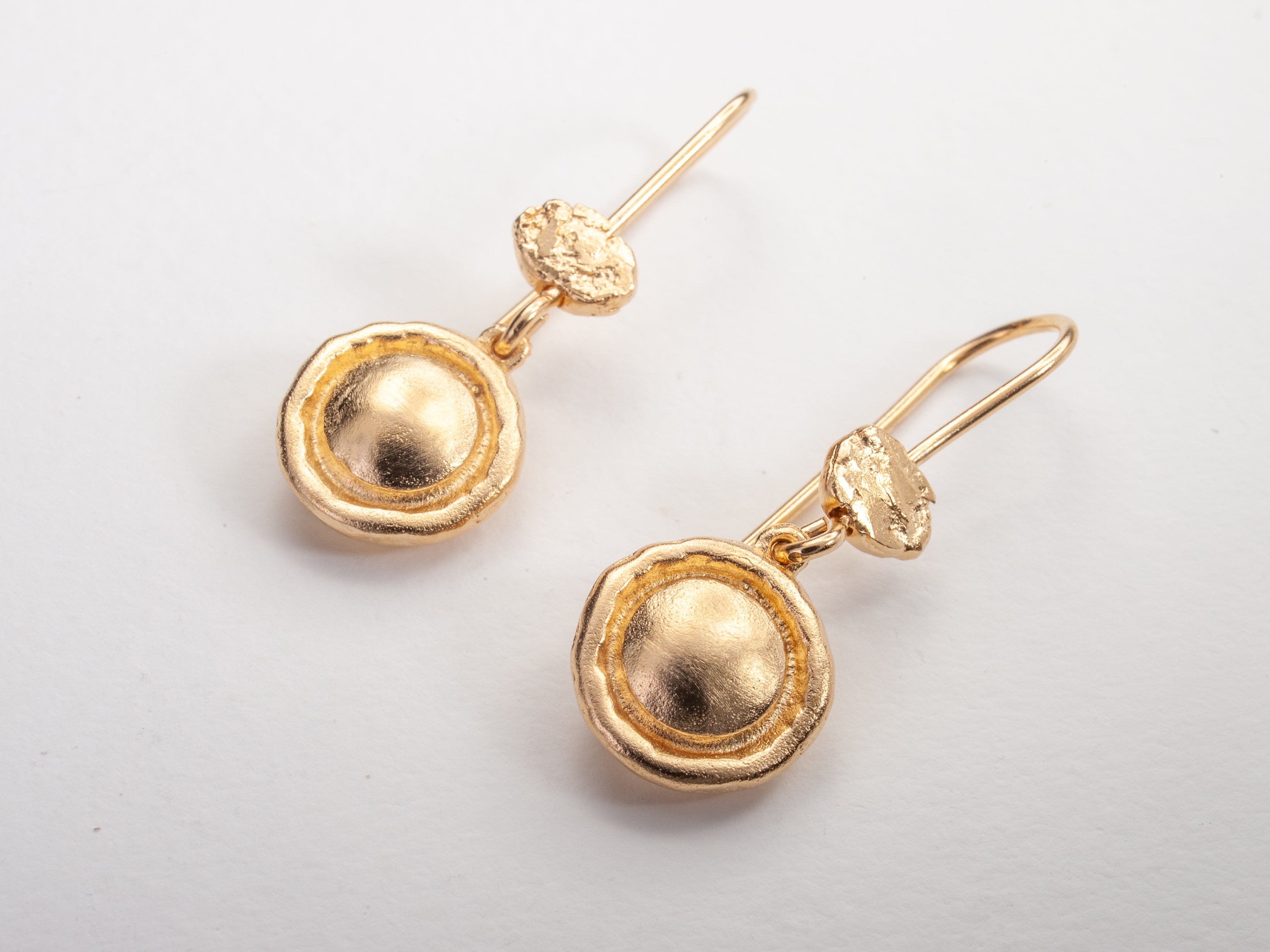 Round Button Coin Circle Dangle Earrings Gold Plated