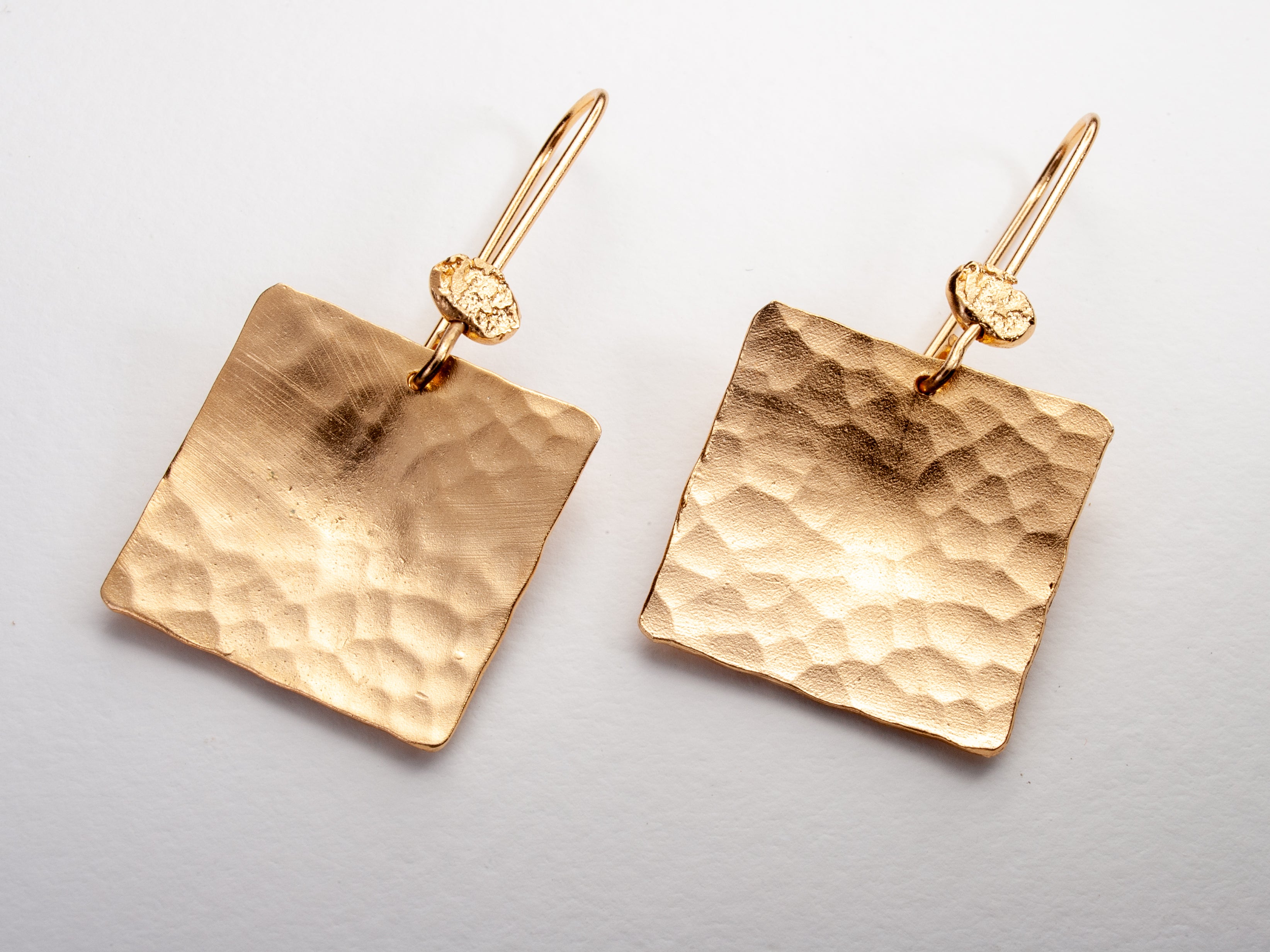 Hammered Gold Plated Large Square Dangle Earrings