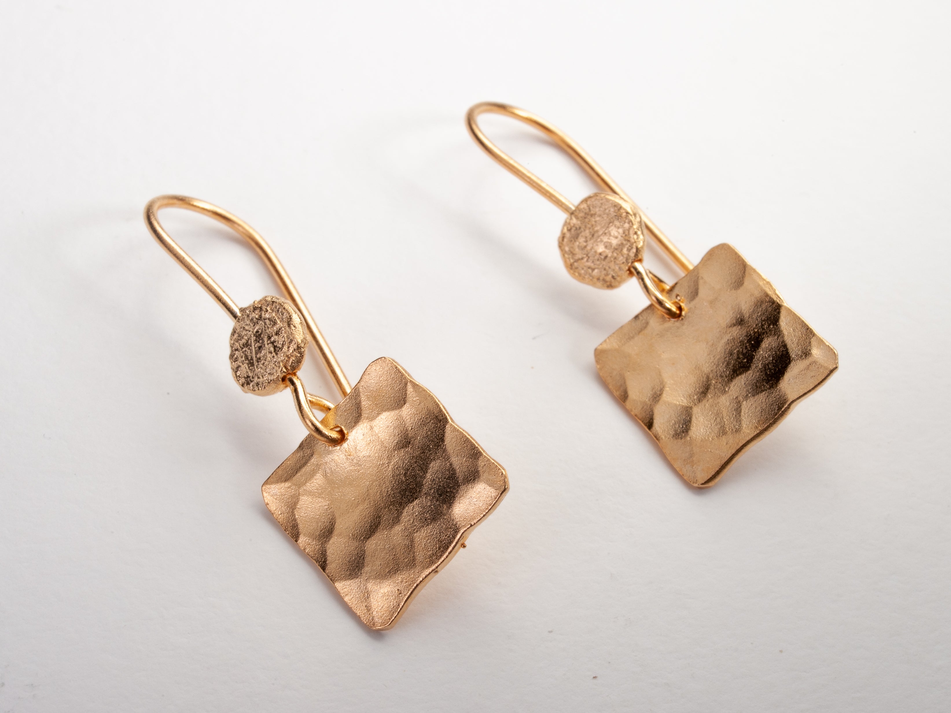 Small Hammered Square Dangle Earrings Gold Plated