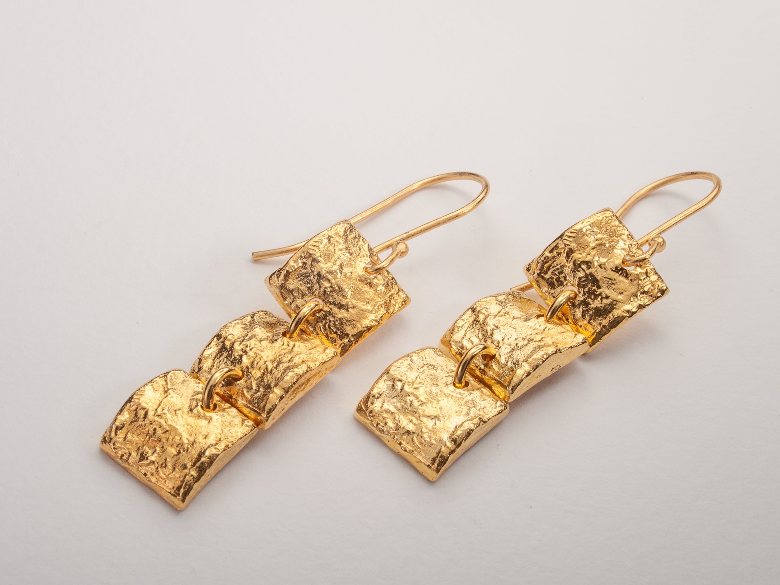 3 Tier Long Dangle Textured Gold Square Earrings