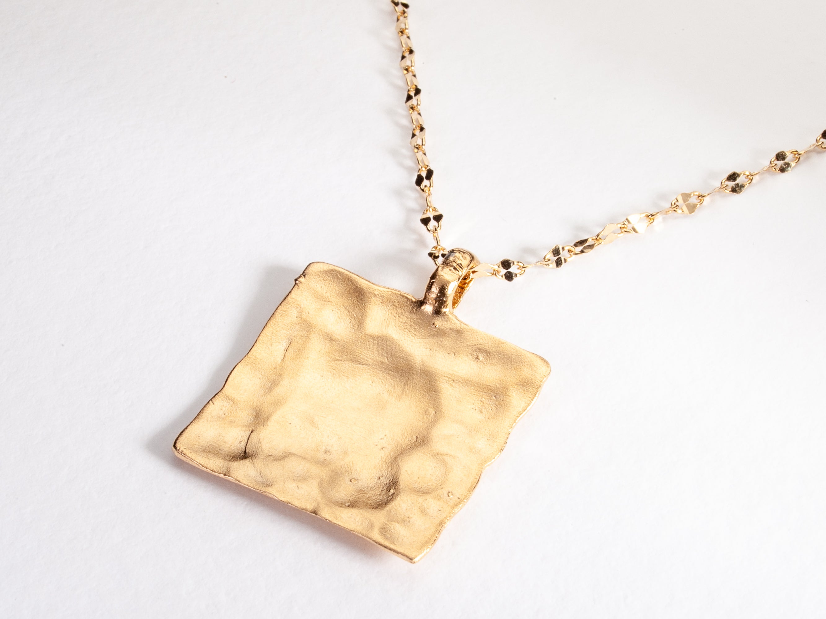 14k Hammered Gold Small Square Pendant Necklace-ZadokGold