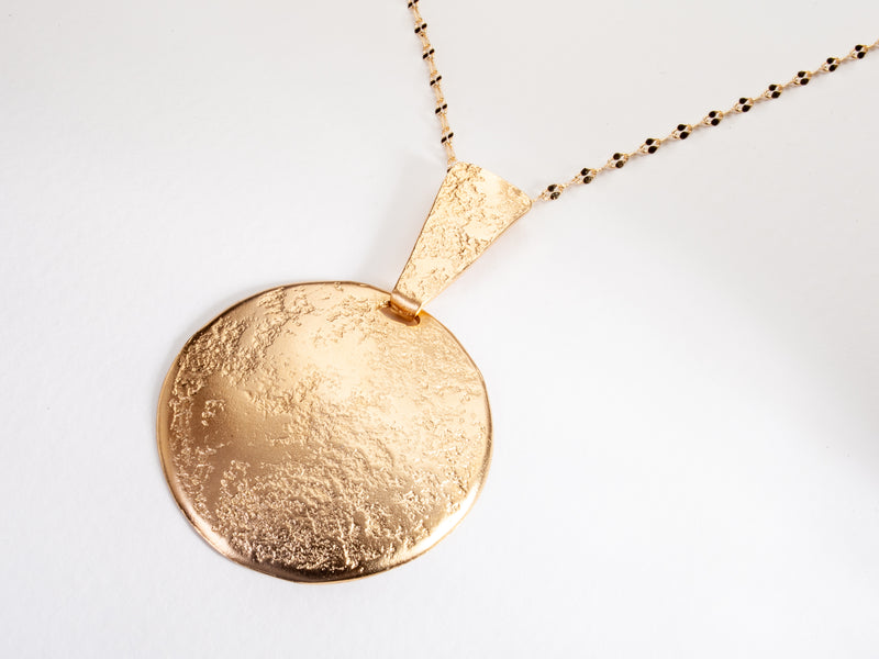 Large Round 14k Gold Circle Pendant Necklace in Textured Hammered Gold-ZadokGold