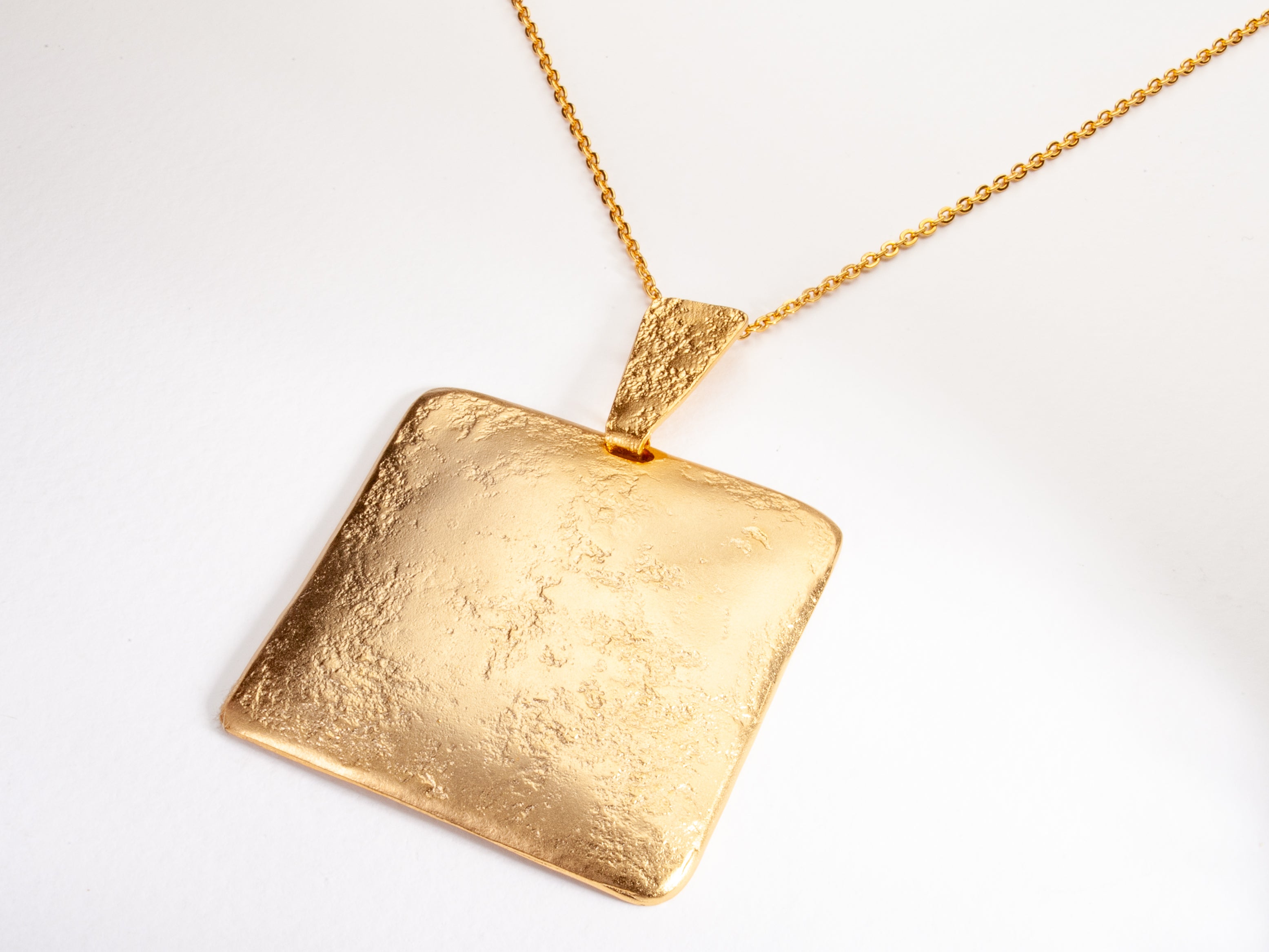 14k Gold large Square Pendant Necklace - Textured Hammered Gold Necklace-ZadokGold