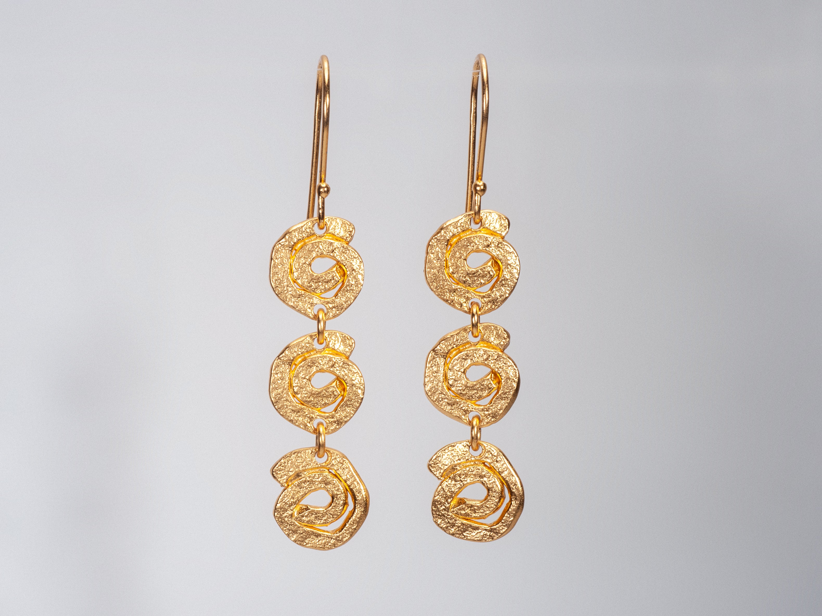 3 Tier Long Dangle Gold Spiral Earrings Gold Plated