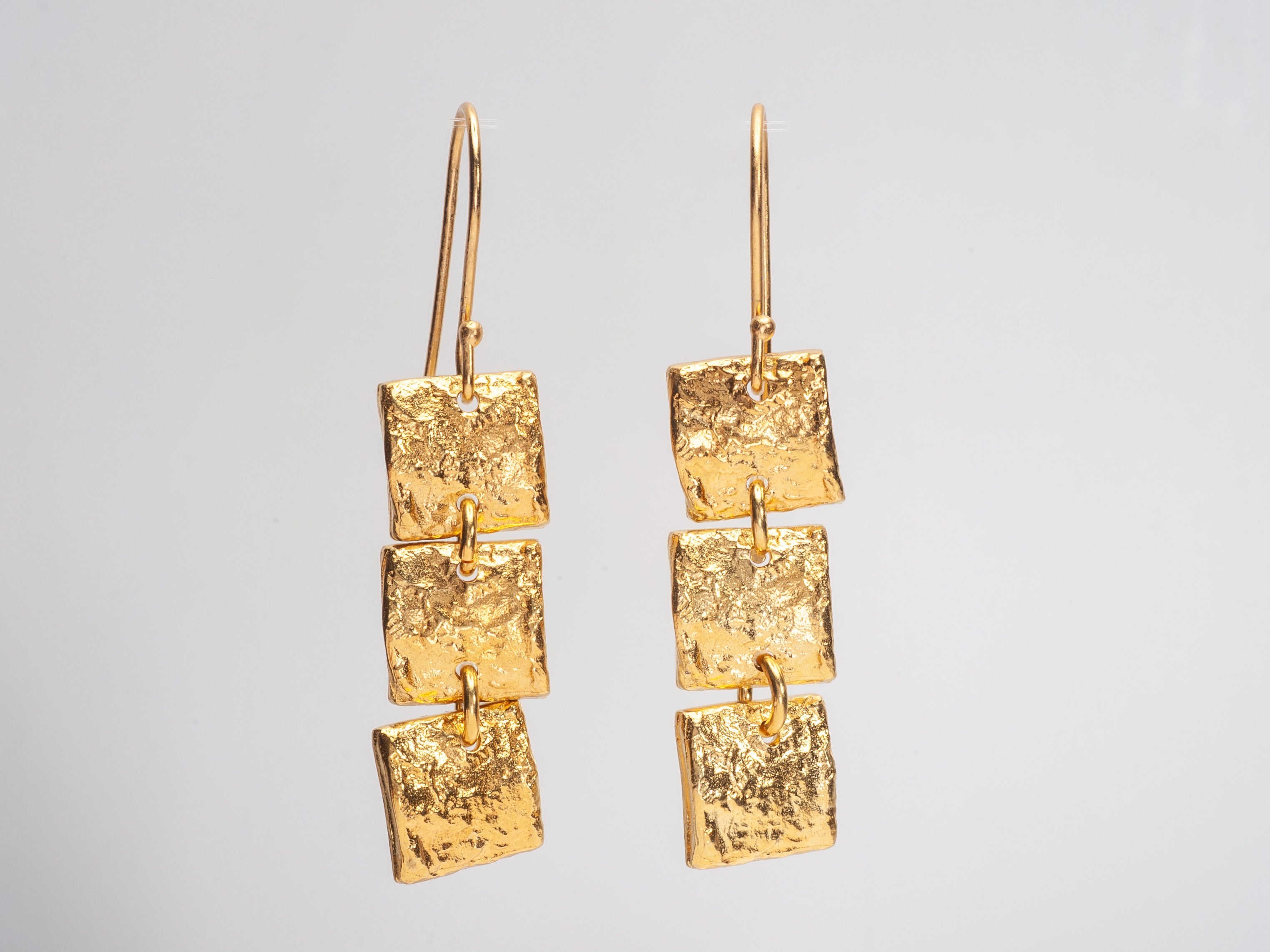 3 Tier Long Dangle Textured Gold Square Earrings