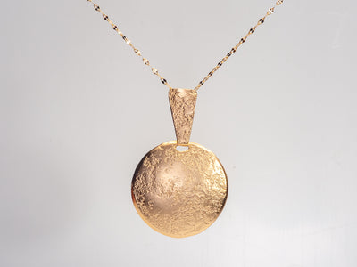 Large Round 14k Gold Circle Pendant Necklace in Textured Hammered Gold-ZadokGold