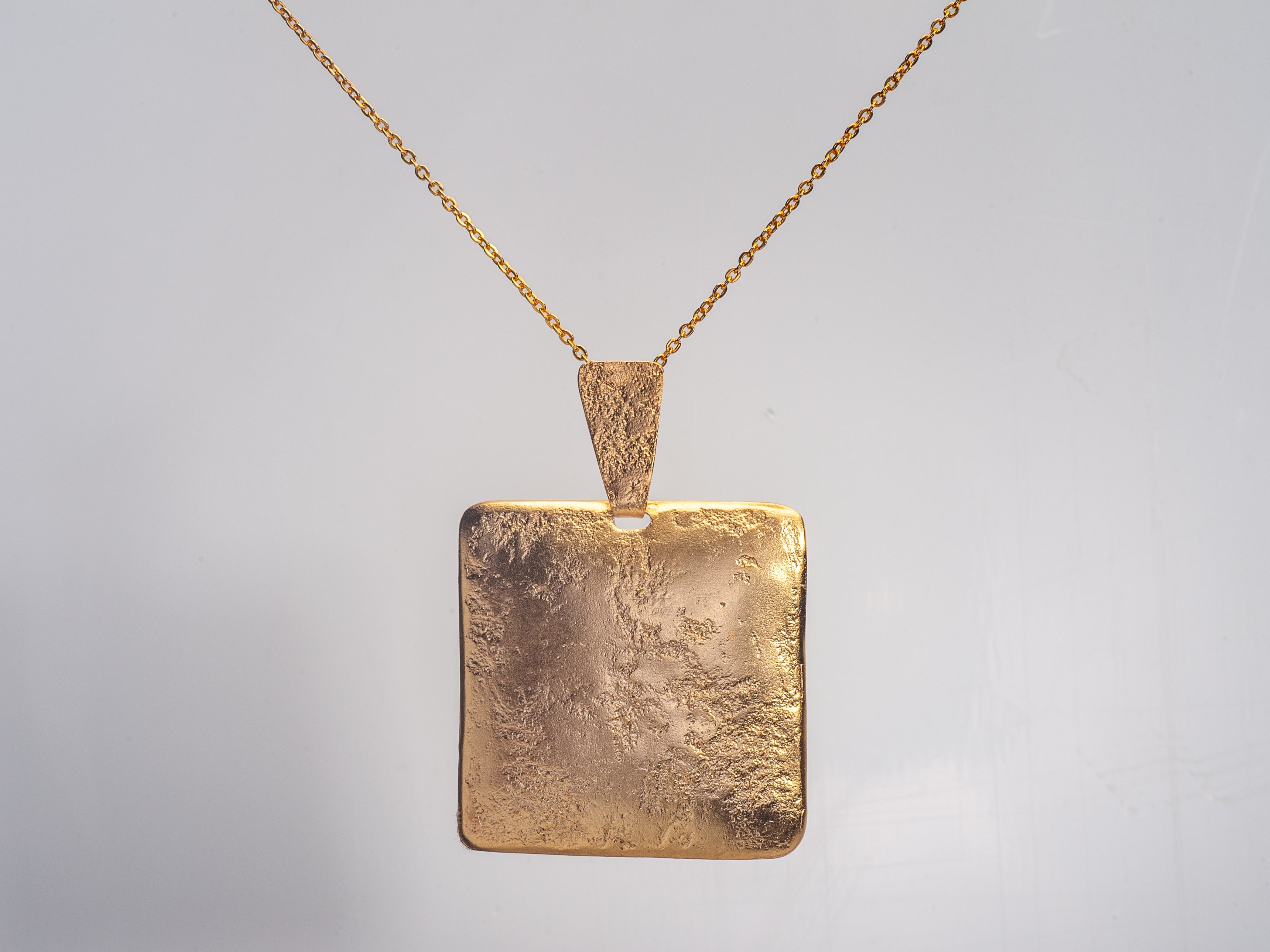 14k Gold large Square Pendant Necklace - Textured Hammered Gold Necklace-ZadokGold