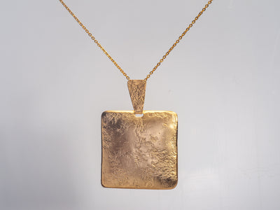 14k Gold large Square Pendant Necklace - Textured Hammered Gold Necklace