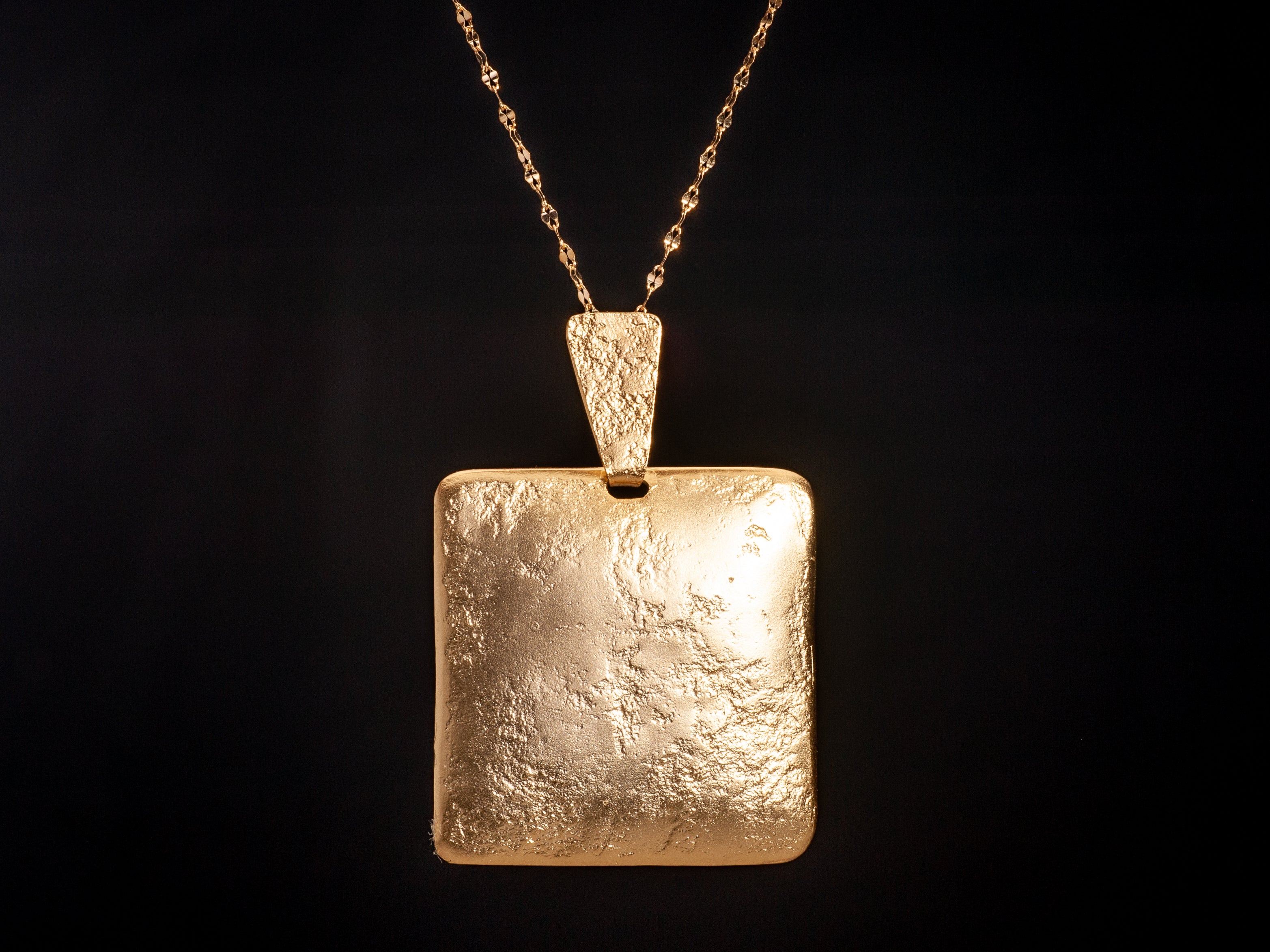 14k Gold large Square Pendant Necklace - Textured Hammered Gold Necklace-ZadokGold