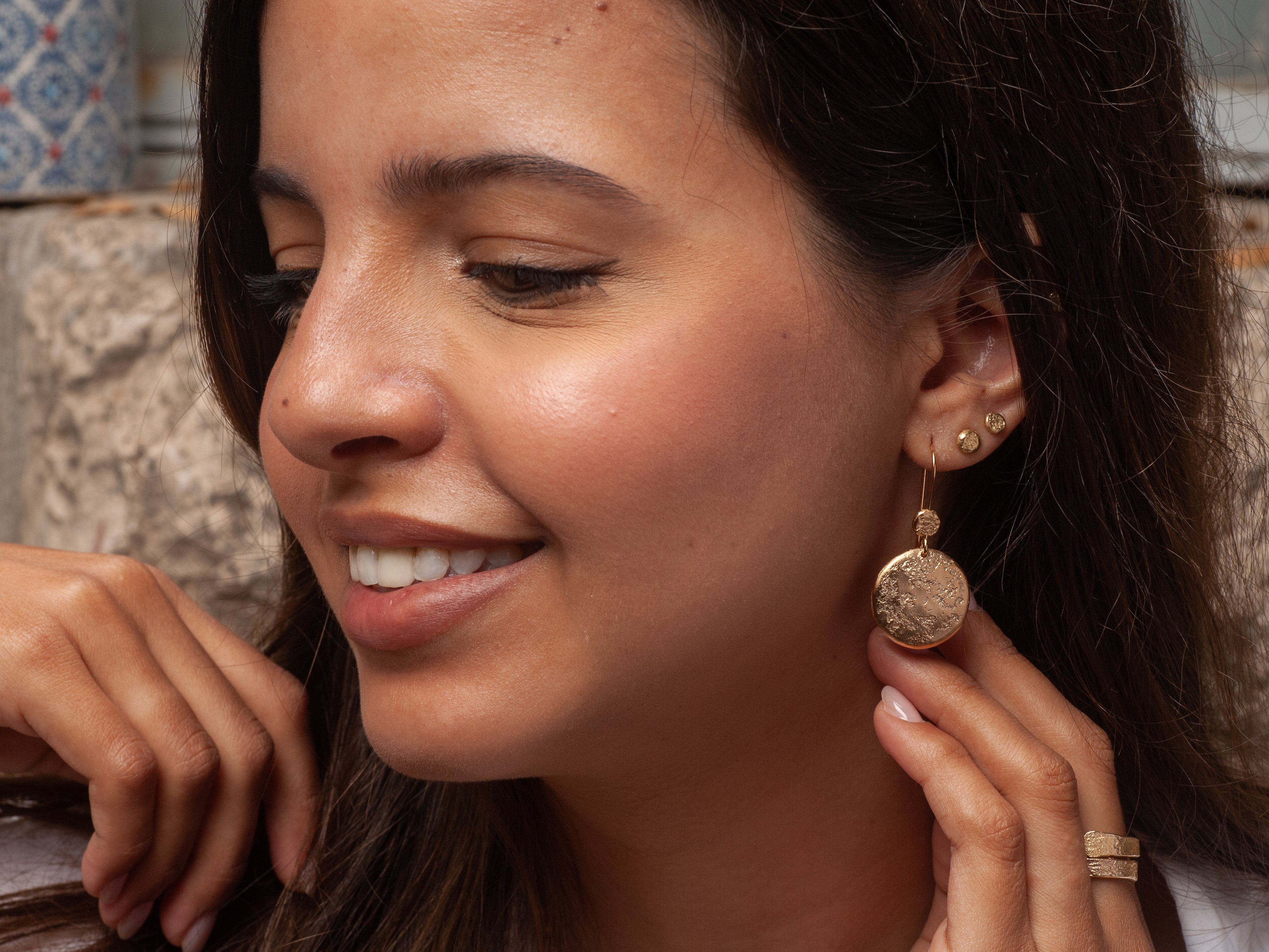 Textured Hammered Gold Round Disc Earrings Gold Plated