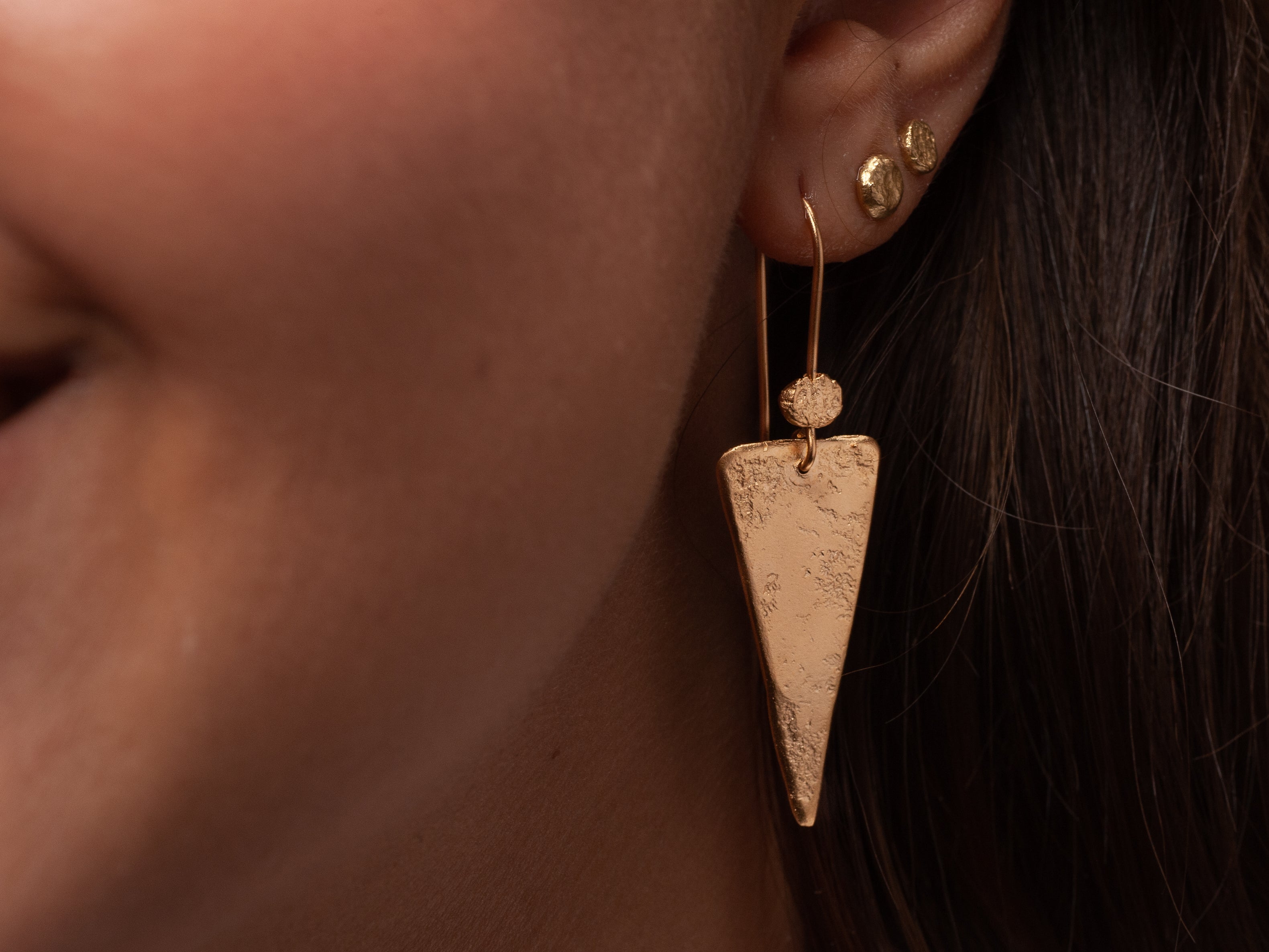 Long Hammered Gold Triangle Drop Earrings Gold Plated