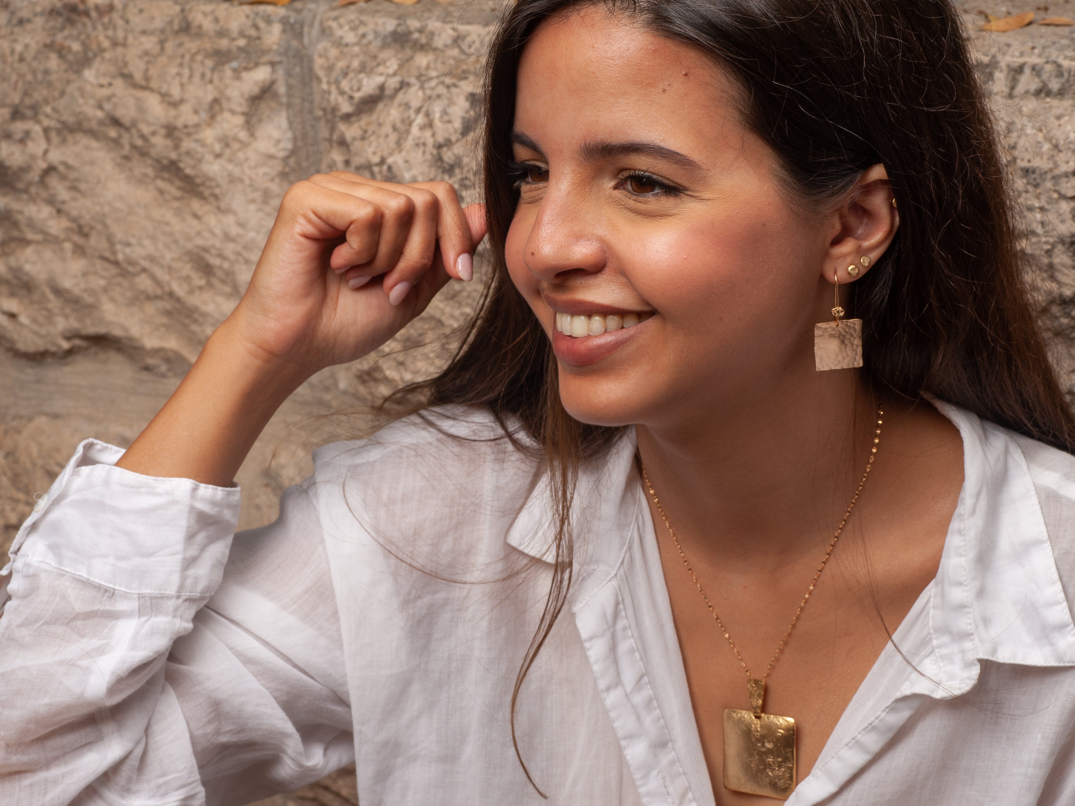 Hammered Gold Plated Large Square Dangle Earrings