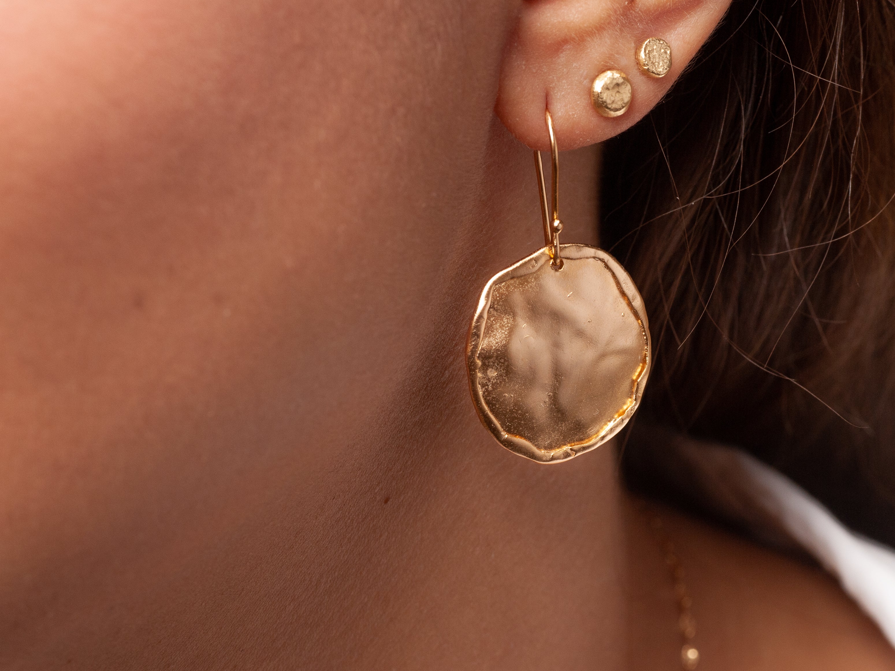 Large Hammered Gold Rimmed Circle Earrings