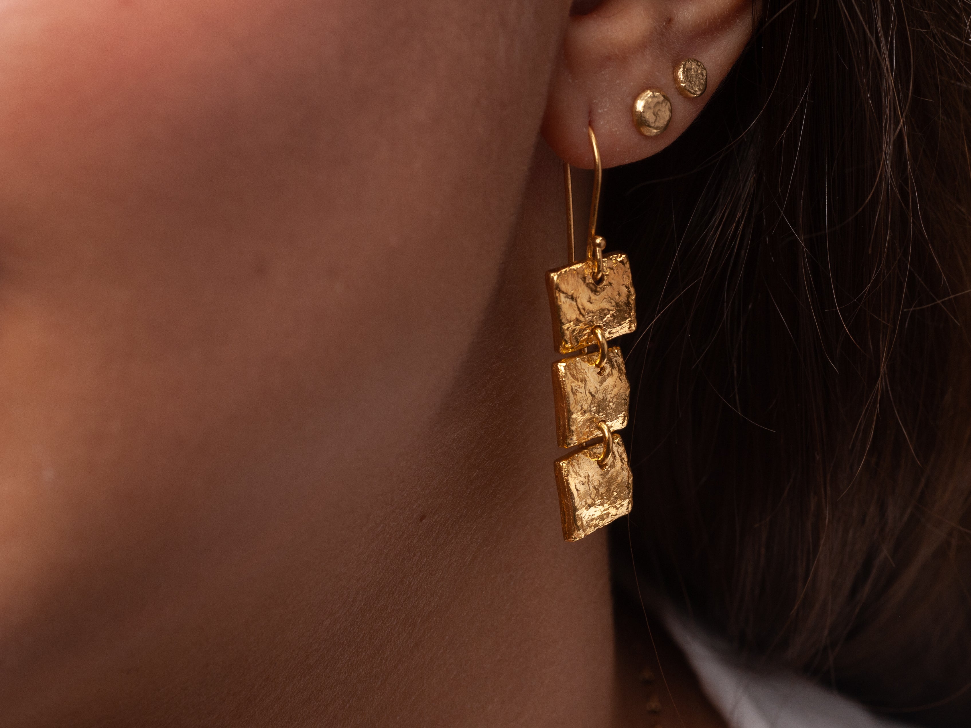 3 Tier Long Dangle Textured Gold Square Earrings