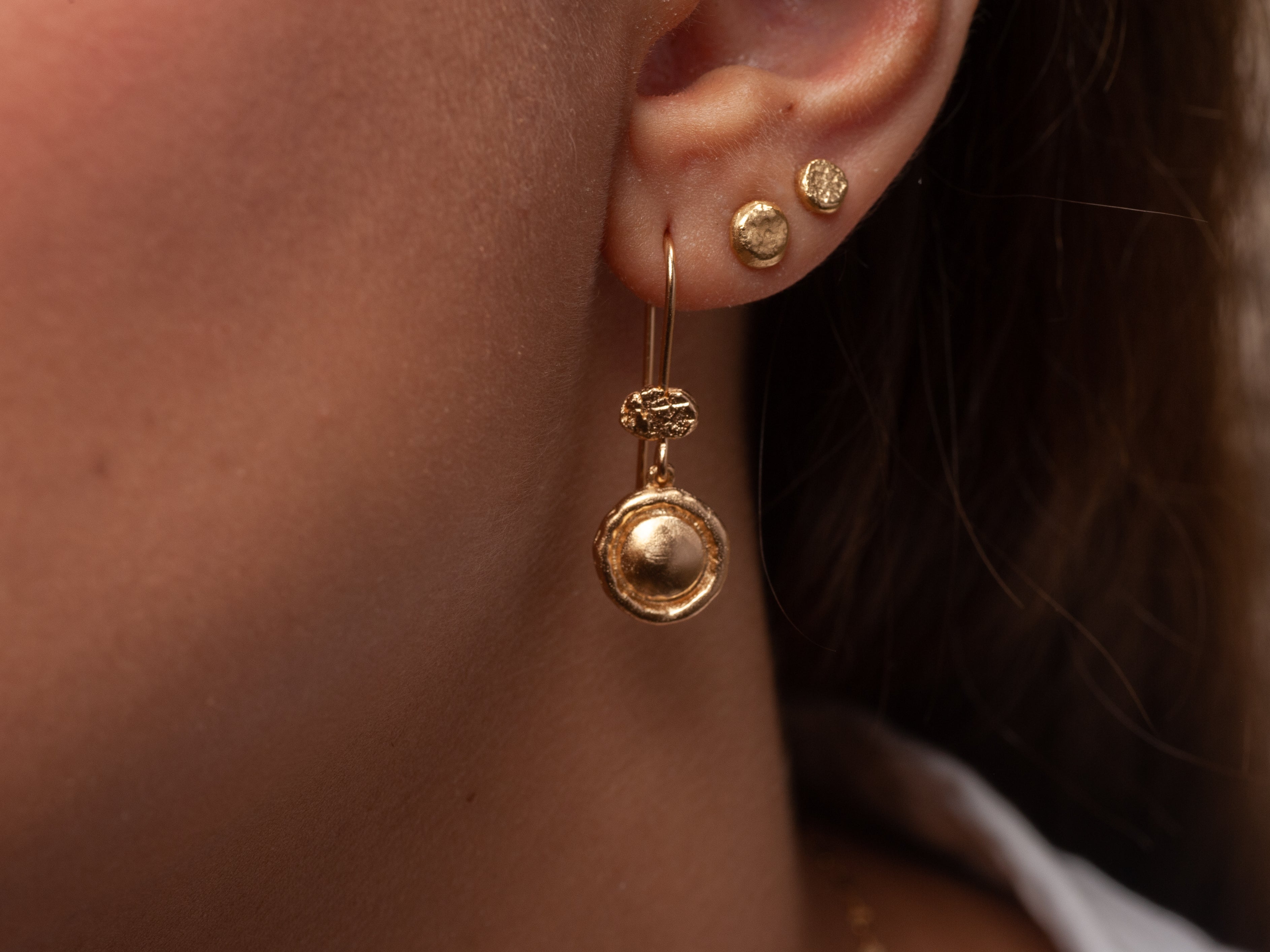 Round Button Coin Circle Dangle Earrings Gold Plated