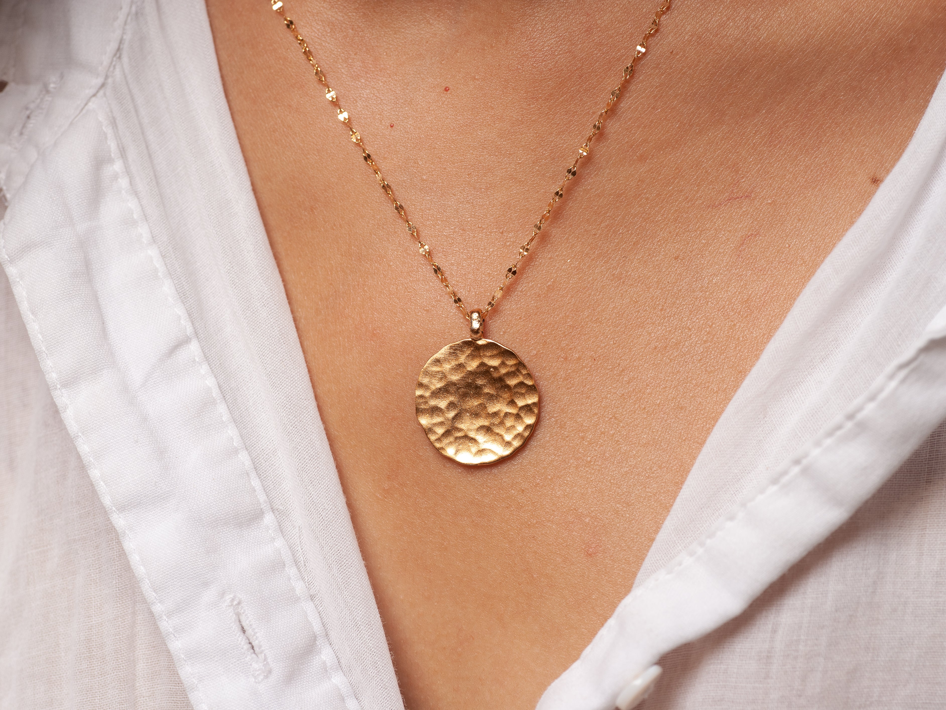 Small Hammered Gold Circle Disc Pendant Gold Plated Necklace