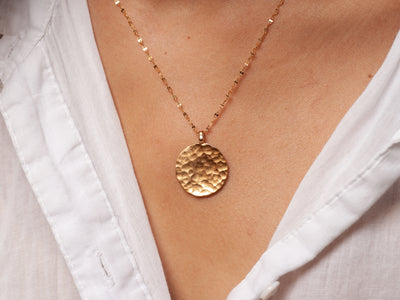 Small Hammered Gold Circle Disc Pendant Gold Plated Necklace-ZadokGold