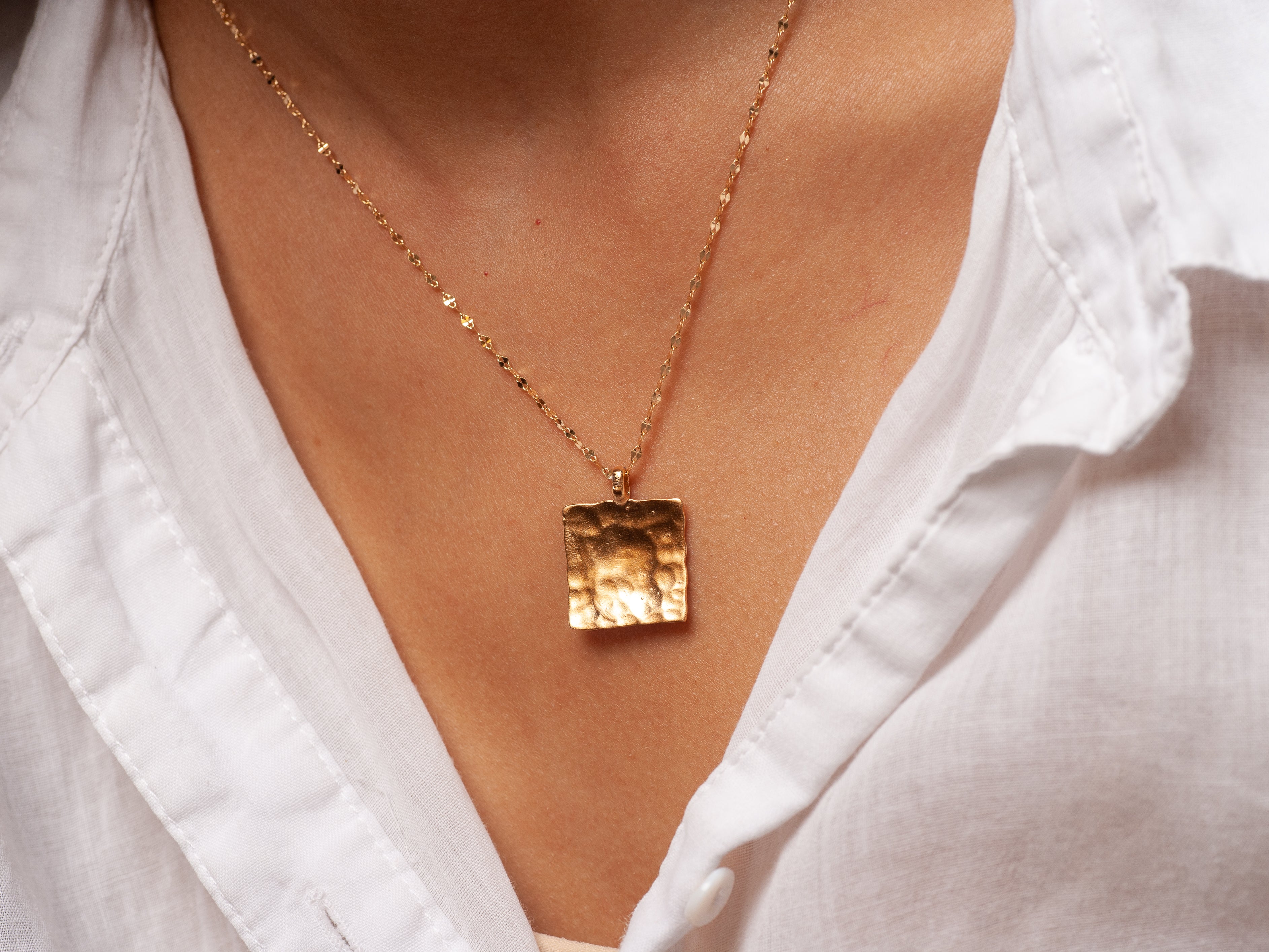 Hammered Gold Square Pendant Gold Plated Necklace