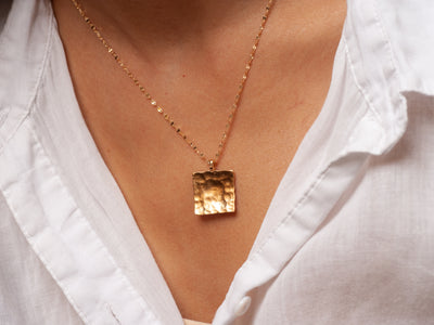 Hammered Gold Square Pendant Gold Plated Necklace-ZadokGold