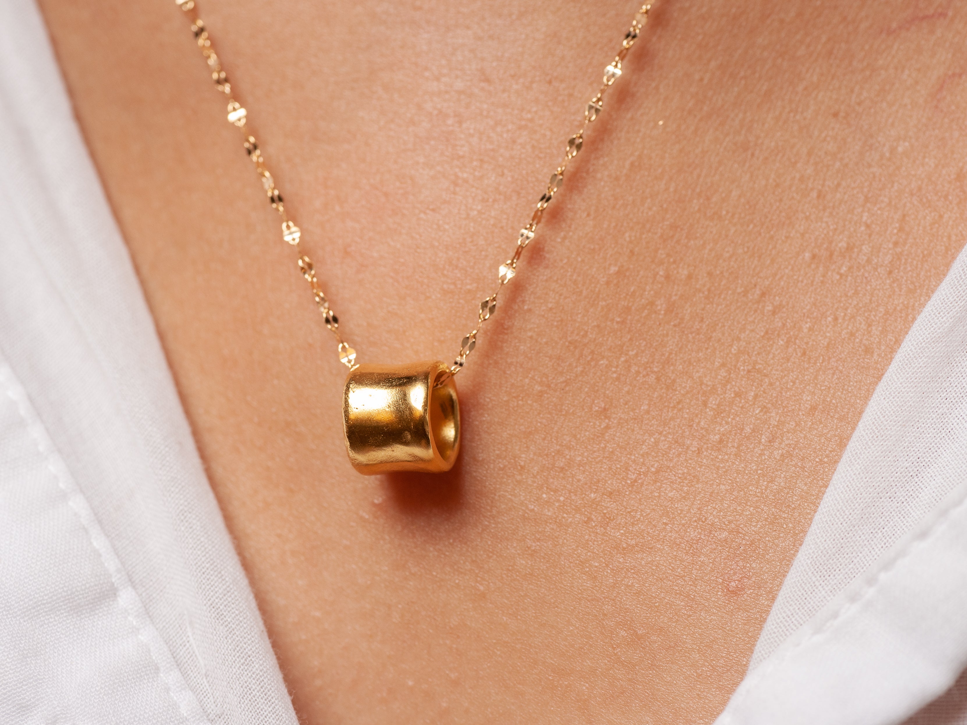 Tube Ring Charm Pendant Gold Plated Necklace