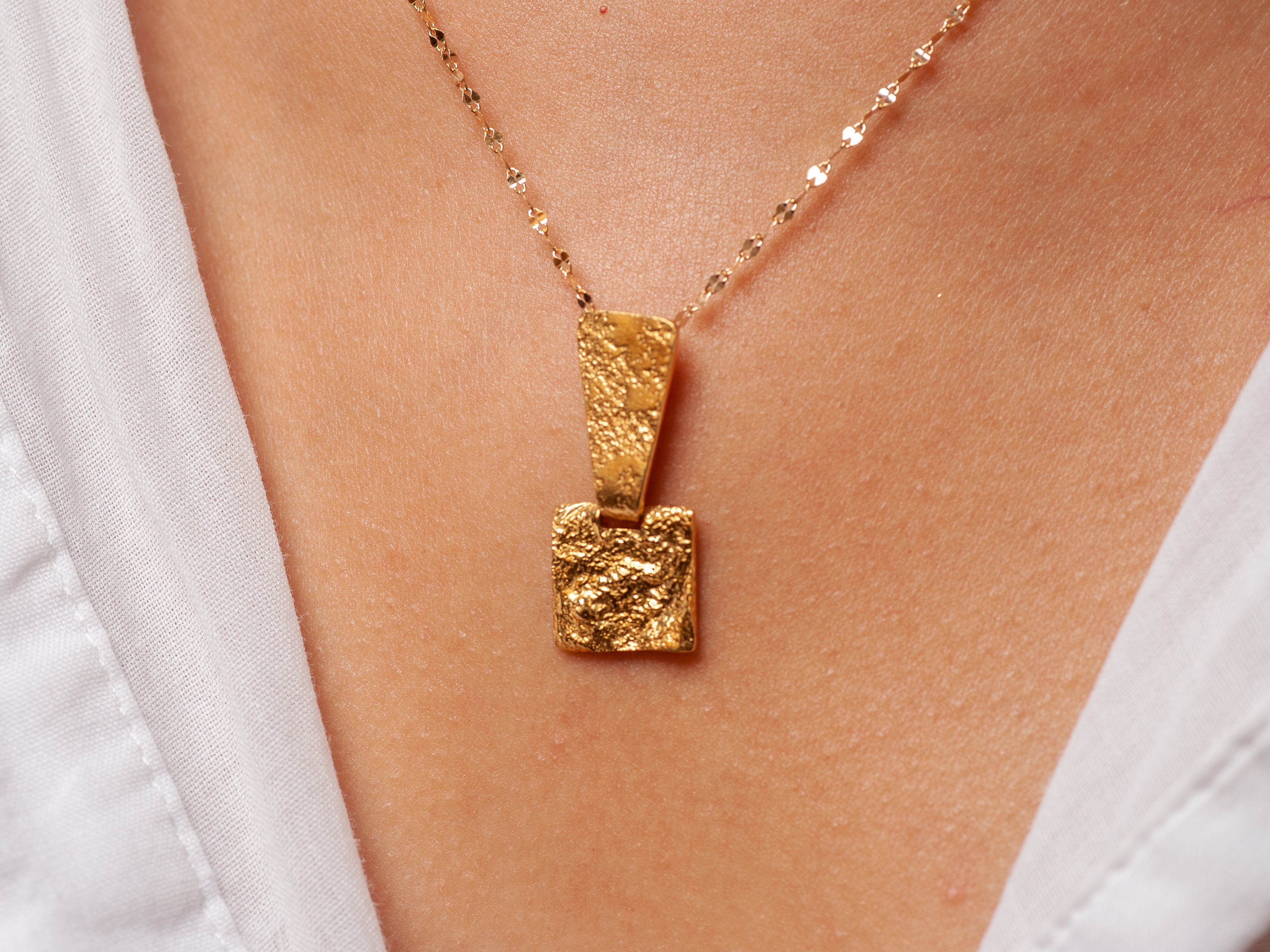 14k Textured Gold Square Geometric Pendant Necklace-ZadokGold