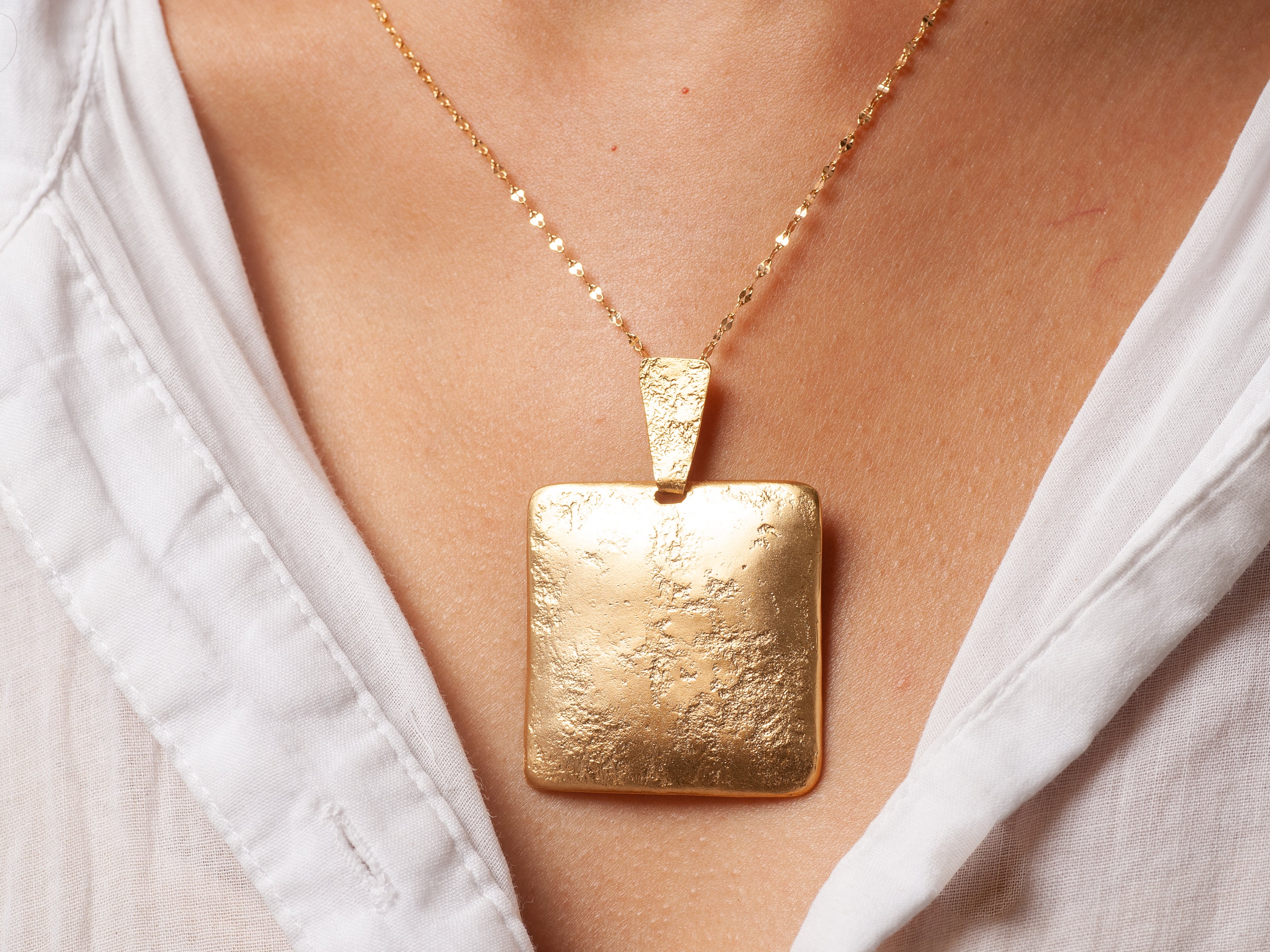 14k Gold large Square Pendant Necklace - Textured Hammered Gold Necklace-ZadokGold