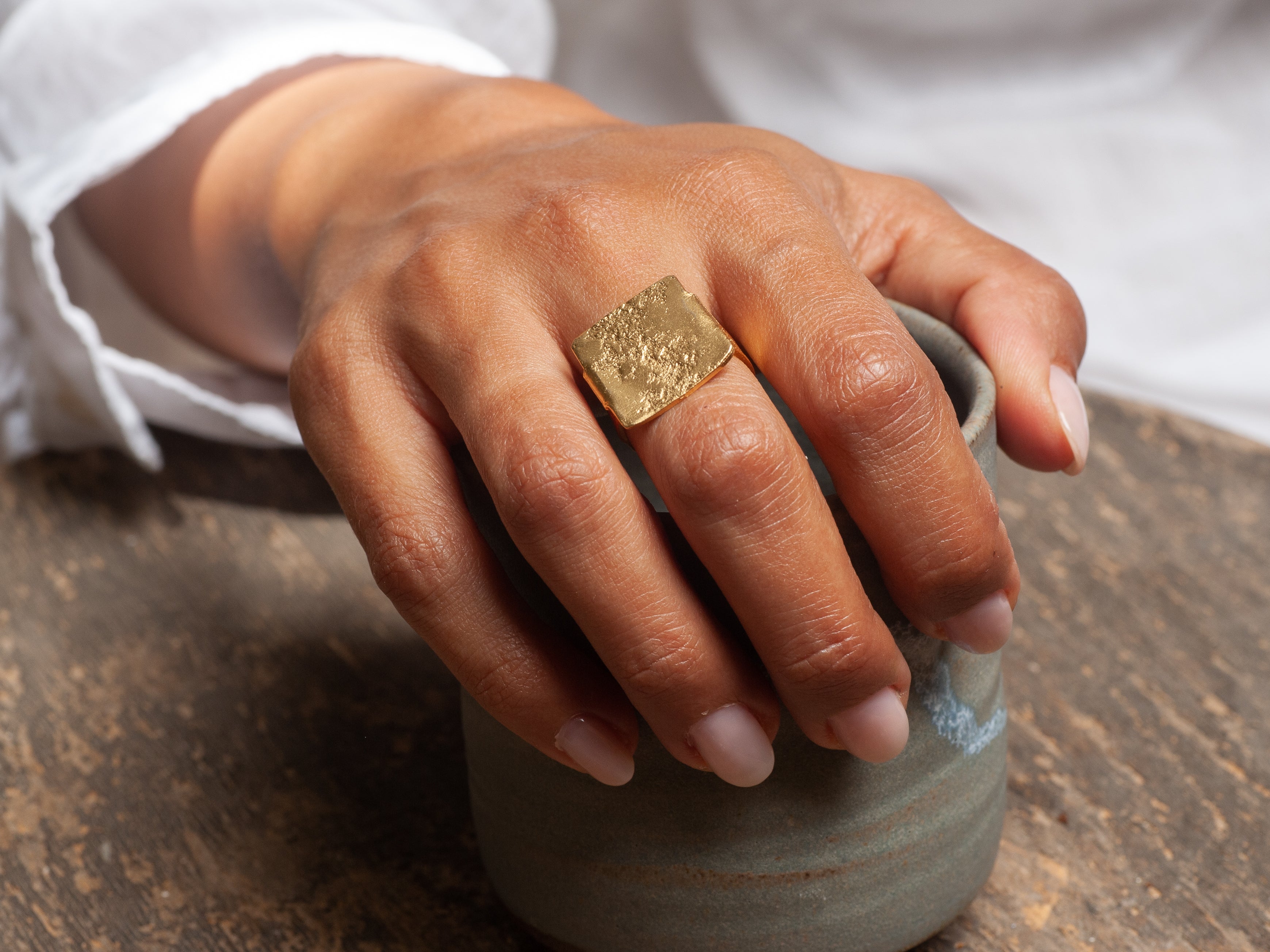 Textured Gold Square Ring 18K Gold Plated Adjustable Ring