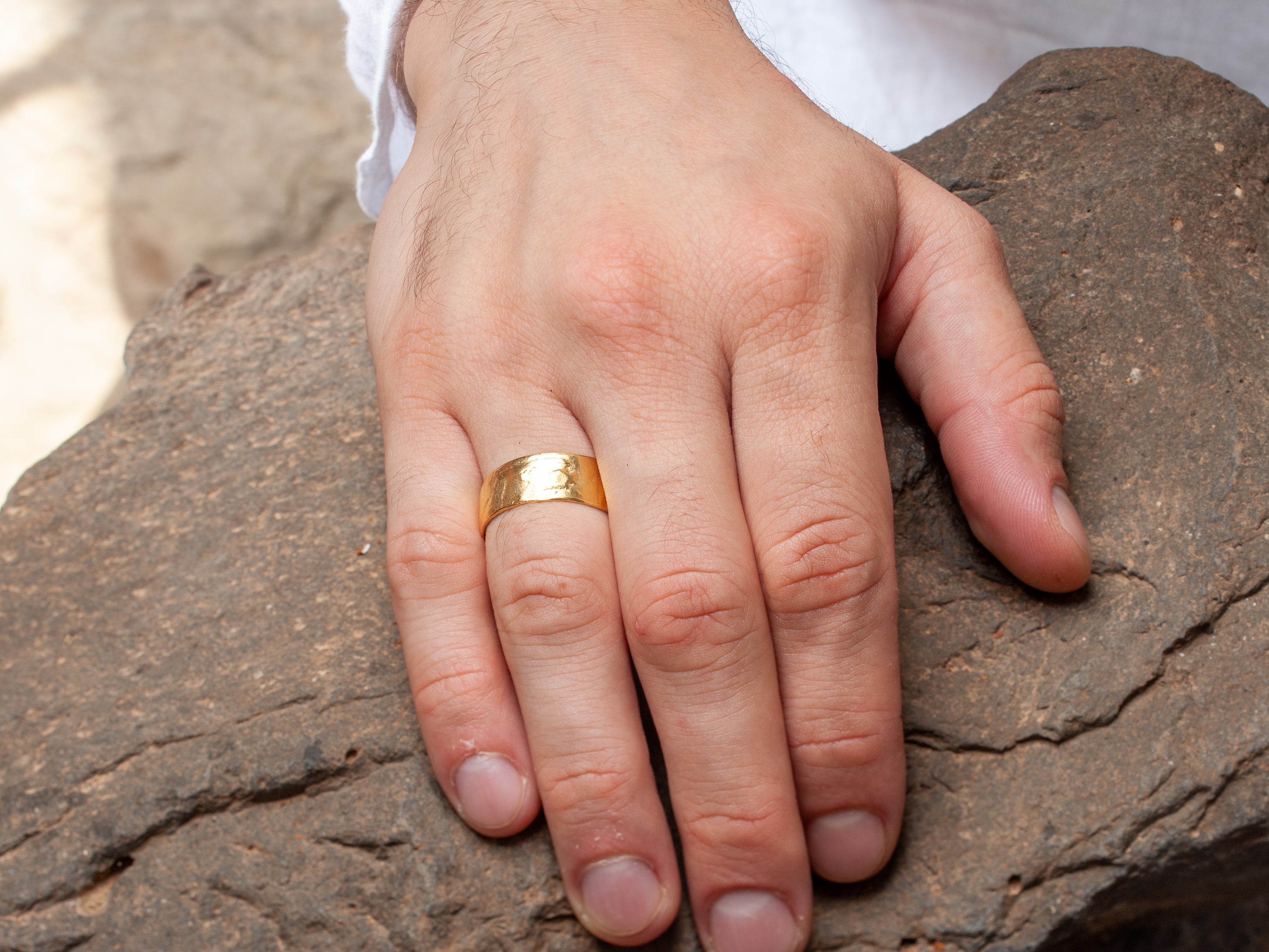 Rustic 14K Gold Hammered Textured 8mm Wide Wedding Ring