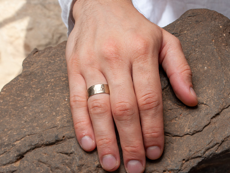 Rustic 14K Gold Hammered Textured 8mm Wide Wedding Ring-ZadokGold