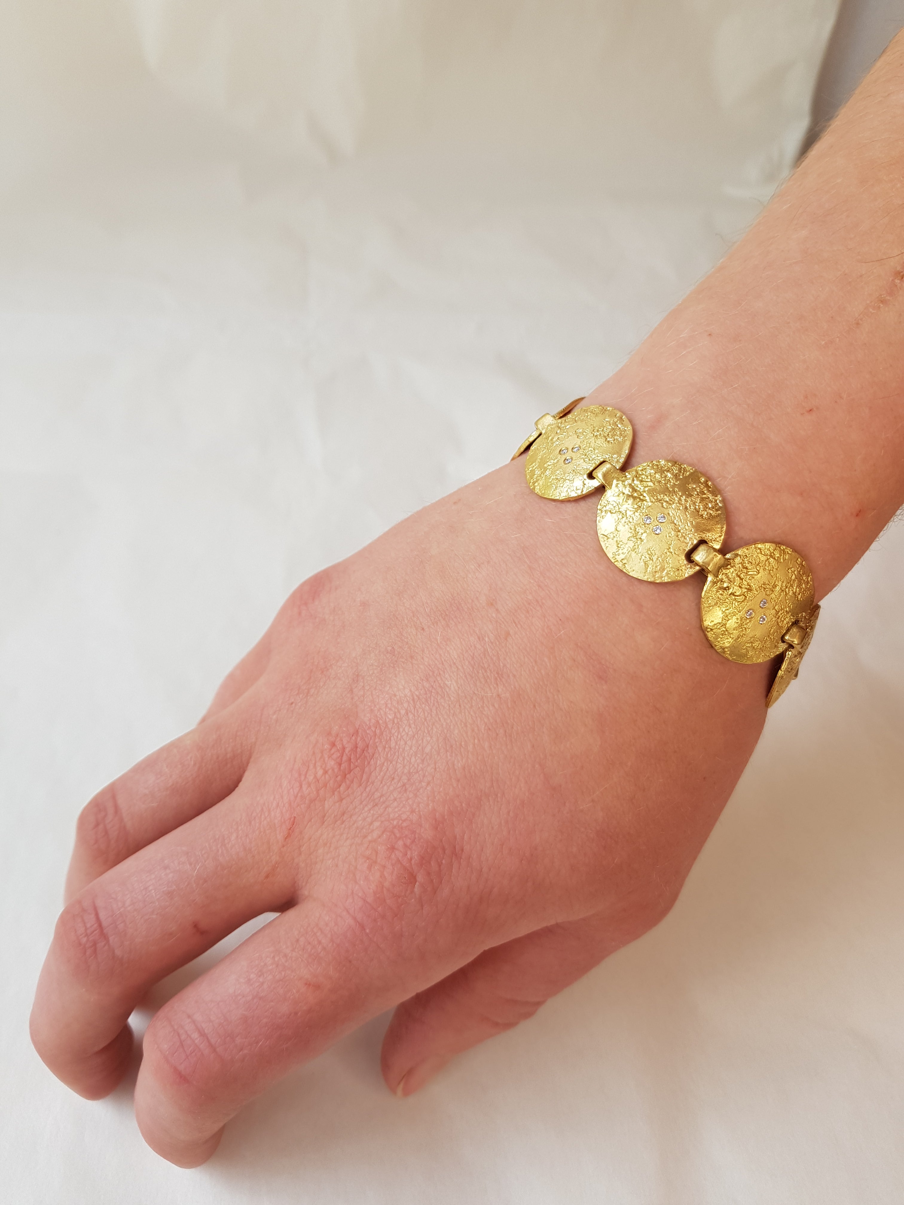 18k Textured Gold Disc Bracelet with Small Diamonds