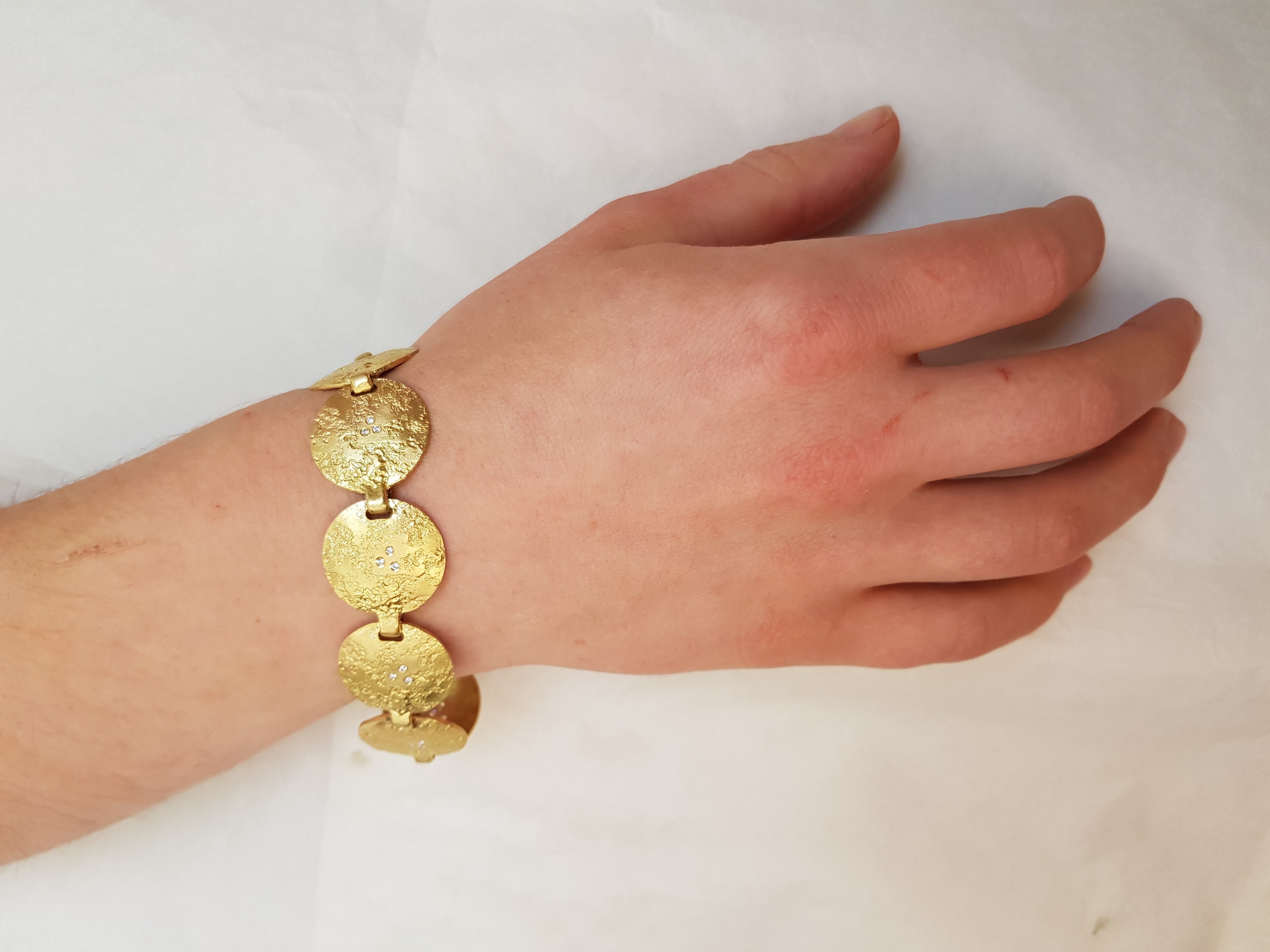 18k Textured Gold Disc Bracelet with Small Diamonds