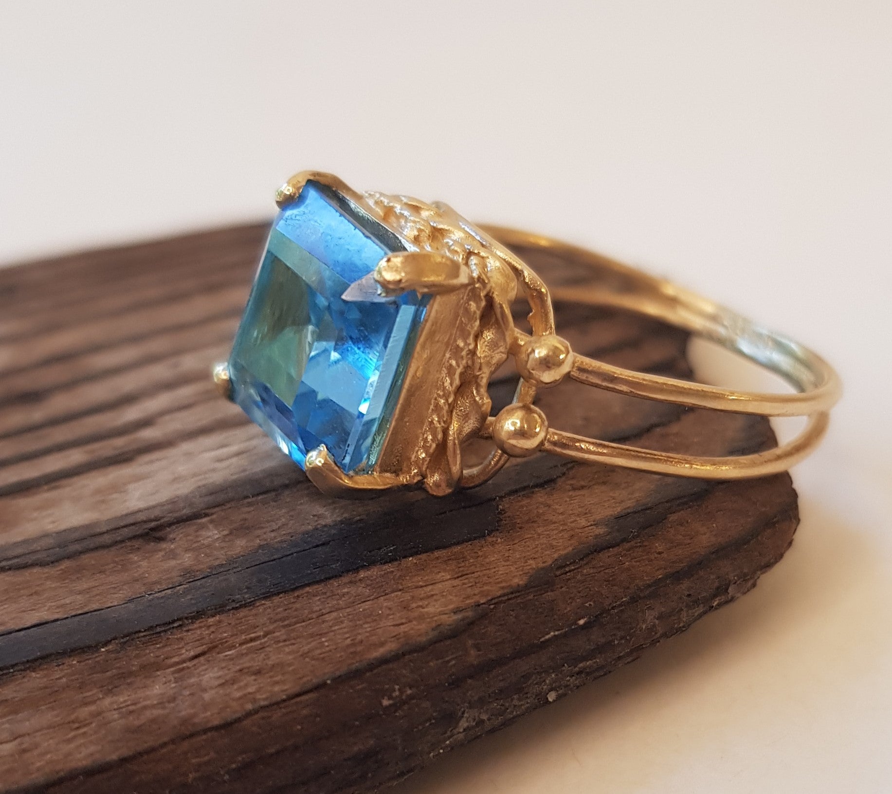 Blue Topaz Square Cocktail Ring 14k Gold