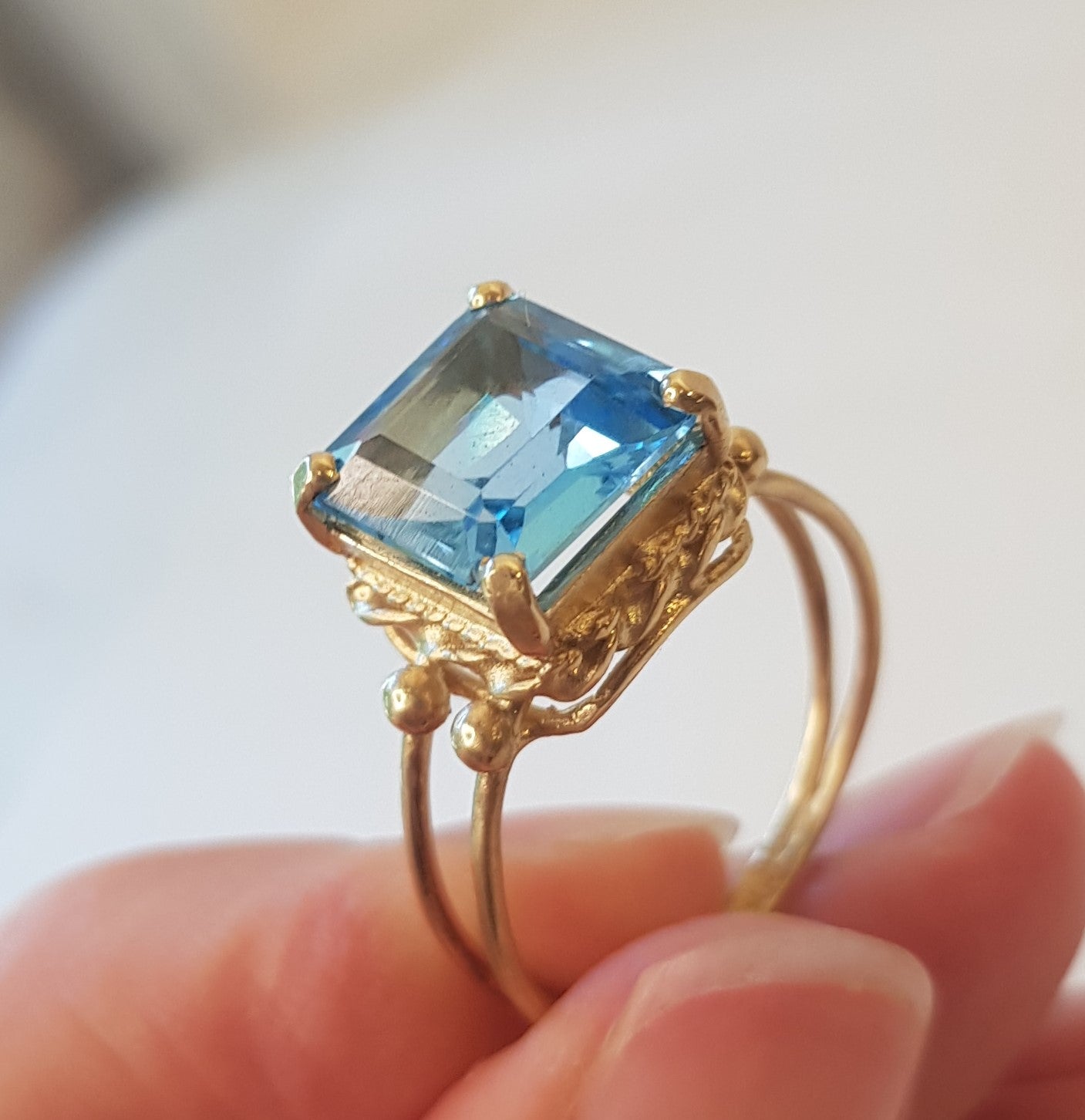 Blue Topaz Square Cocktail Ring 14k Gold