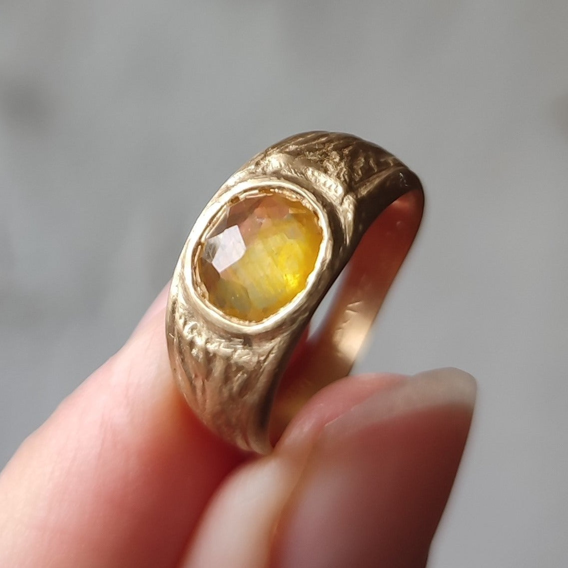 Yellow Sapphire Signet Ring 14K Gold Textured