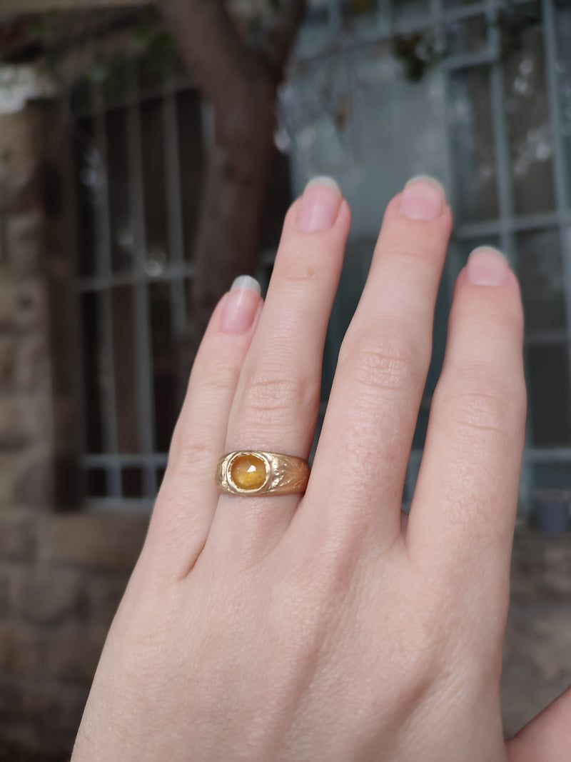 Yellow Sapphire Signet Ring 14K Gold Textured