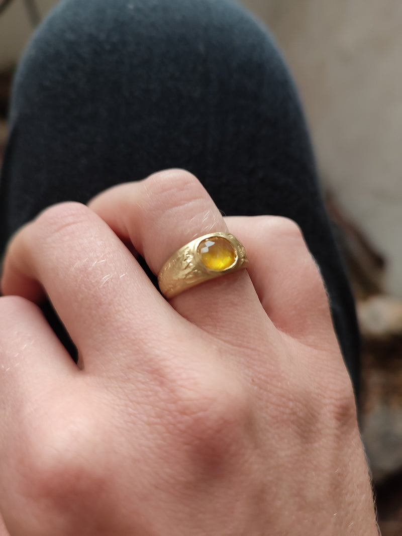 Yellow Sapphire Signet Ring 14K Gold Textured