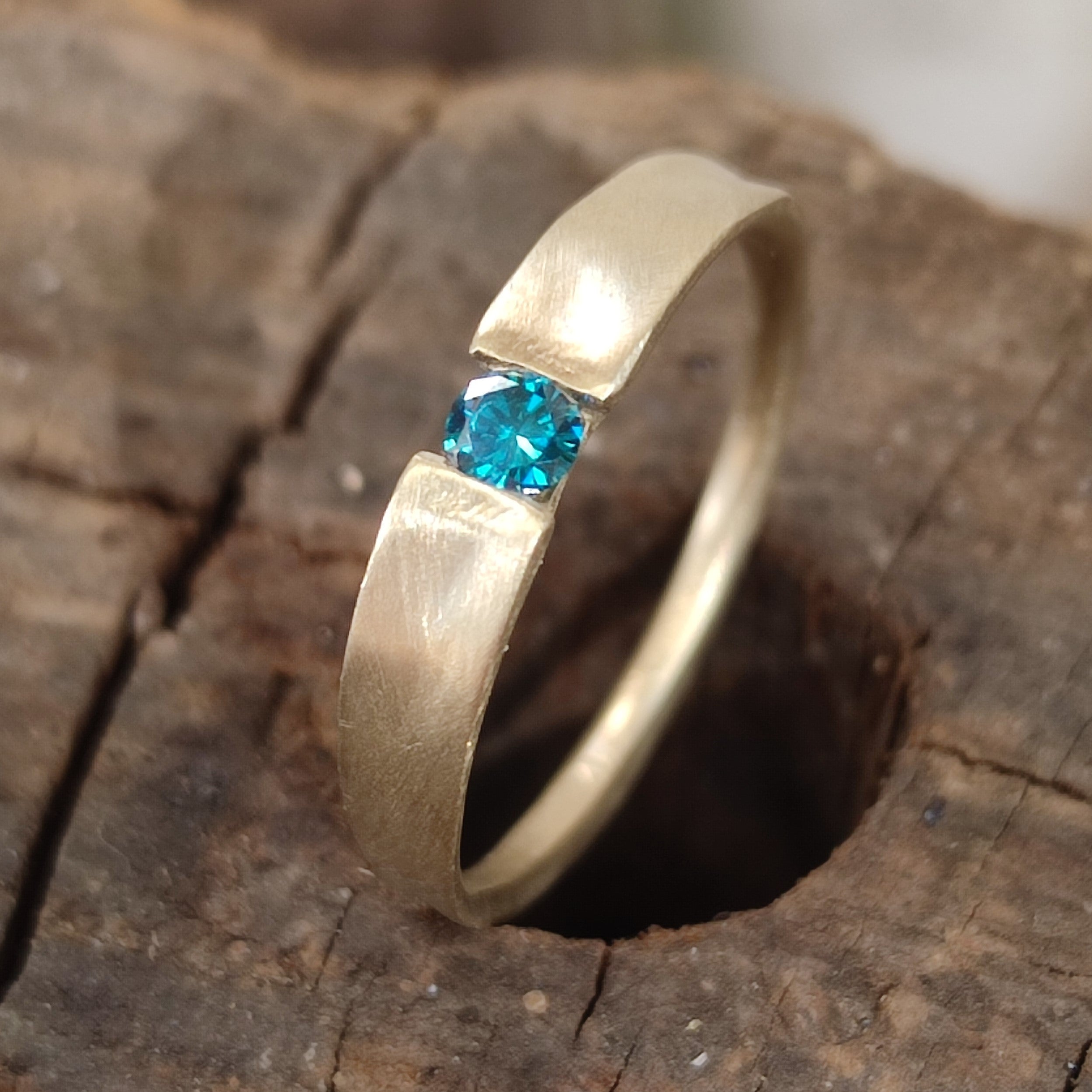 Blue Diamond Engagement Ring 14k Smooth Matte Gold