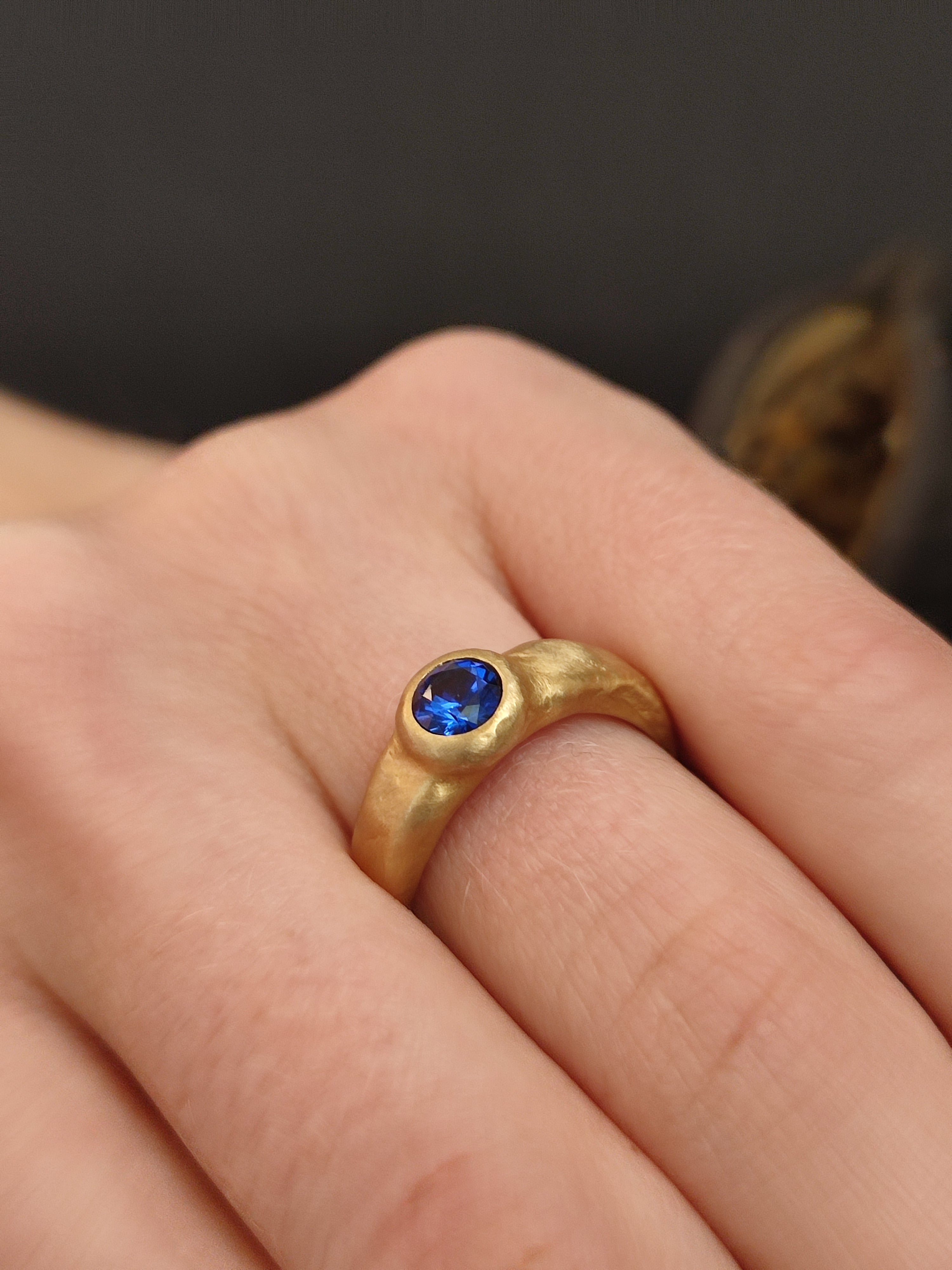 Dark Blue Sapphire Gemstone Chunky 14k Gold Ring