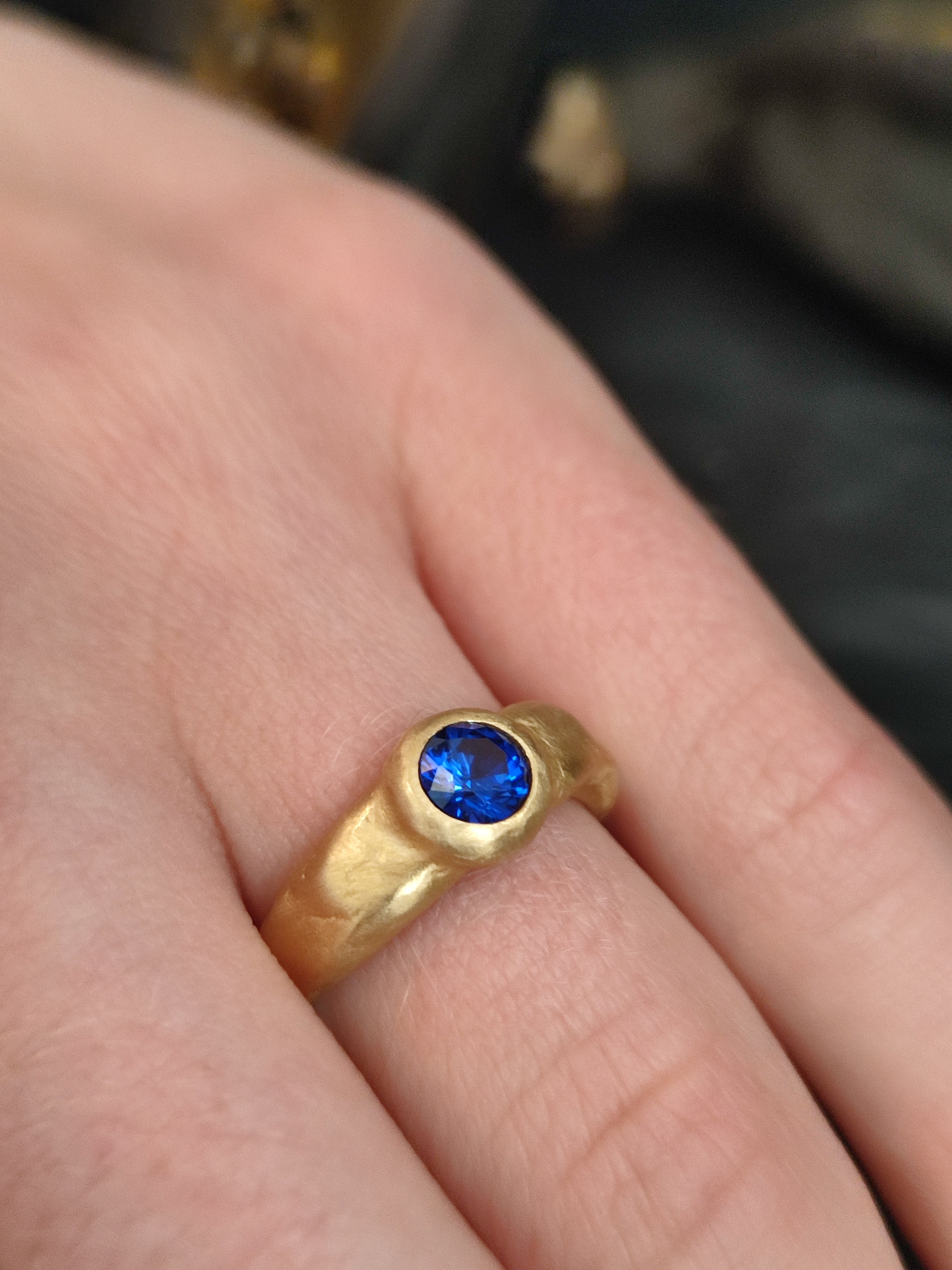 Dark Blue Sapphire Gemstone Chunky 14k Gold Ring