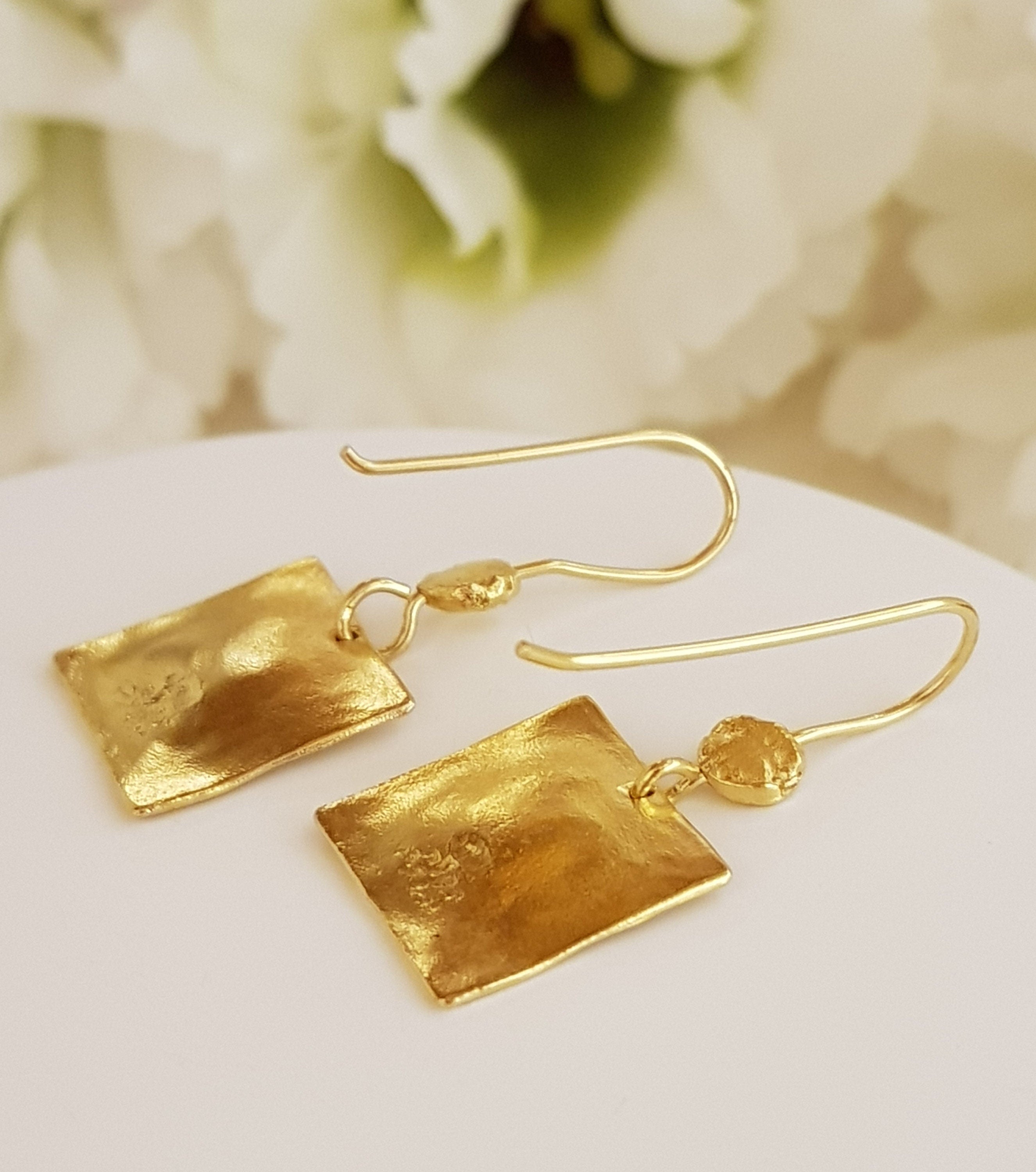 Small Square Drop Earrings Smooth Gold Plated